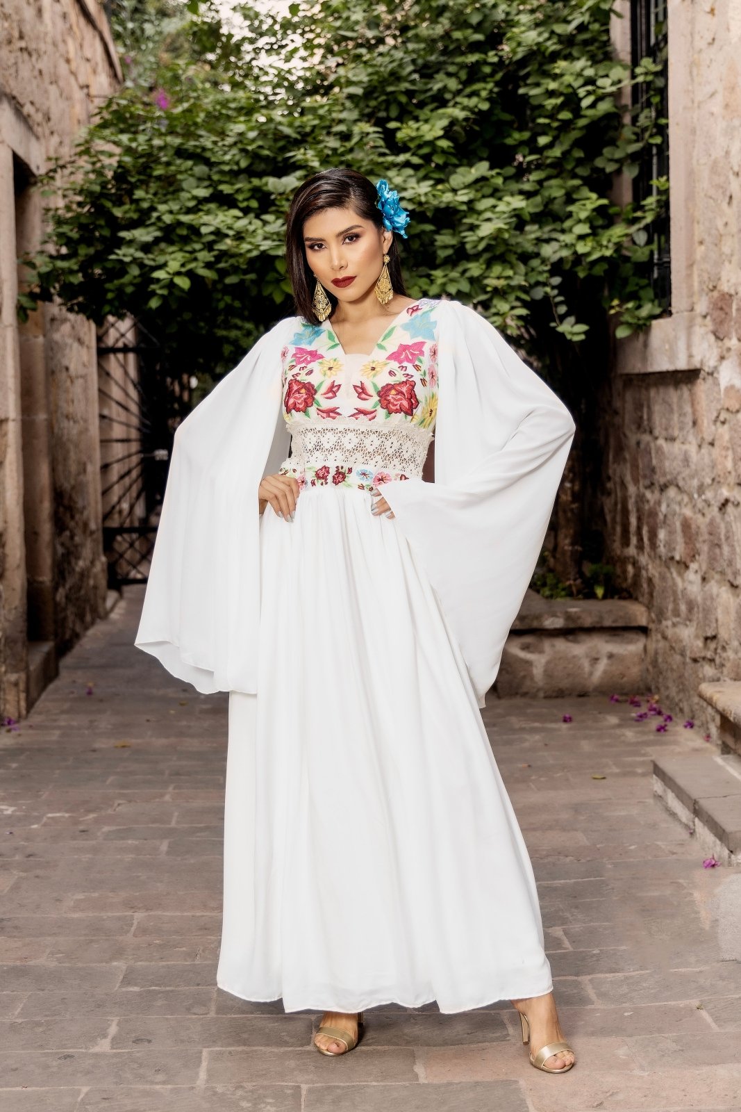 Ivory Dress with multicolor floral embroidery