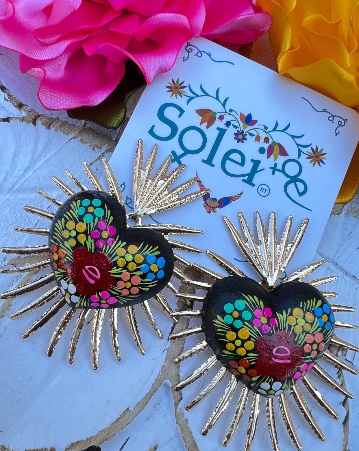 Black Heart. Multicolor Floral Painted Design.