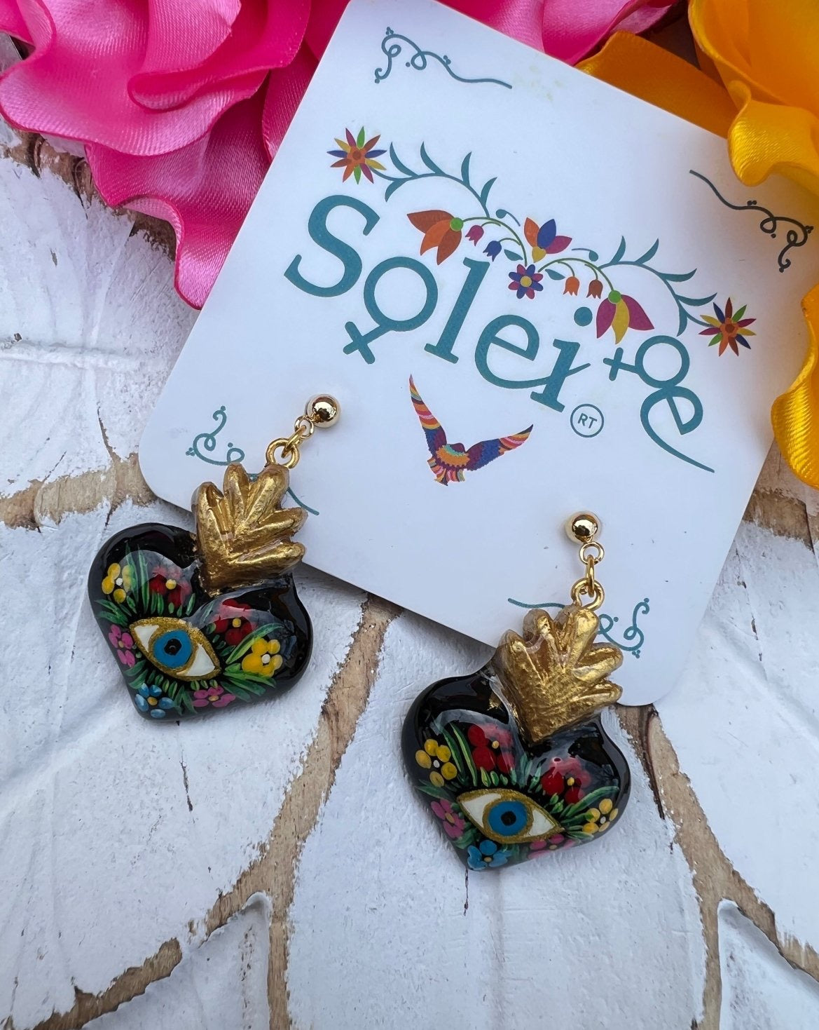 Black Heart, Multicolor floral painted design.