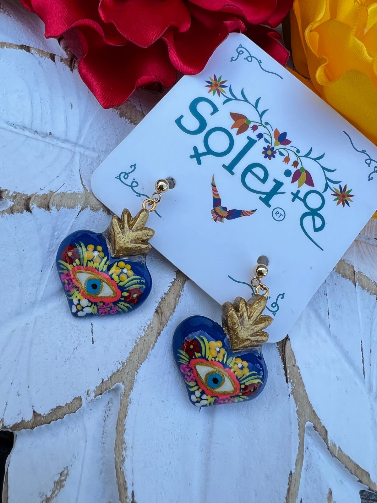 Royal Blue Heart, Multicolor floral painted design.