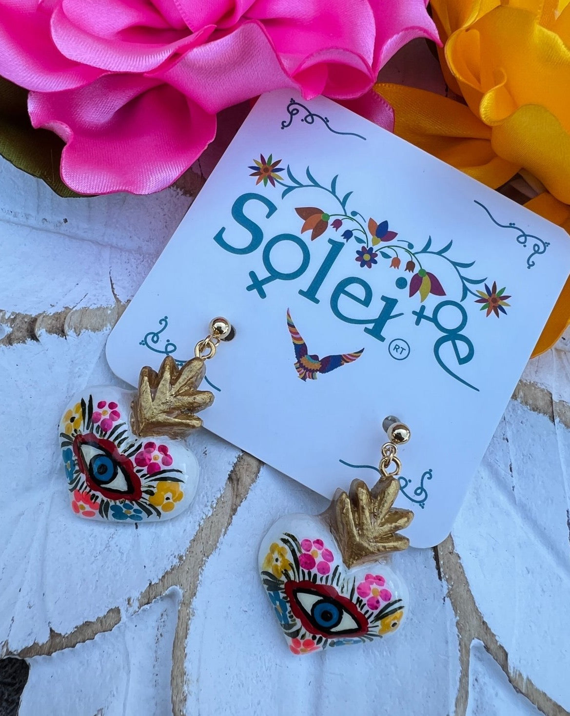 White Heart, Multicolor floral painted design.