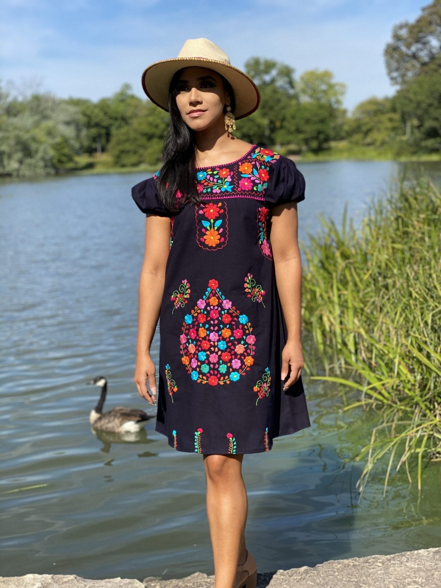 A line style cotton dress, Mexican design of hand embroidered flowers. - Solei Store