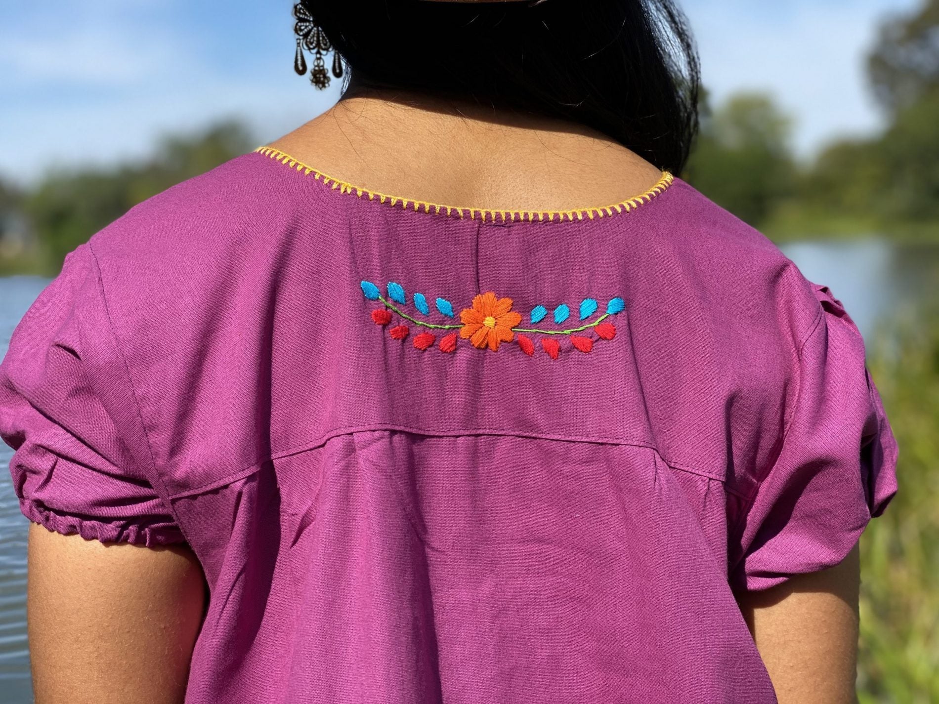 A line style cotton dress, Mexican design of hand embroidered flowers. - Solei Store