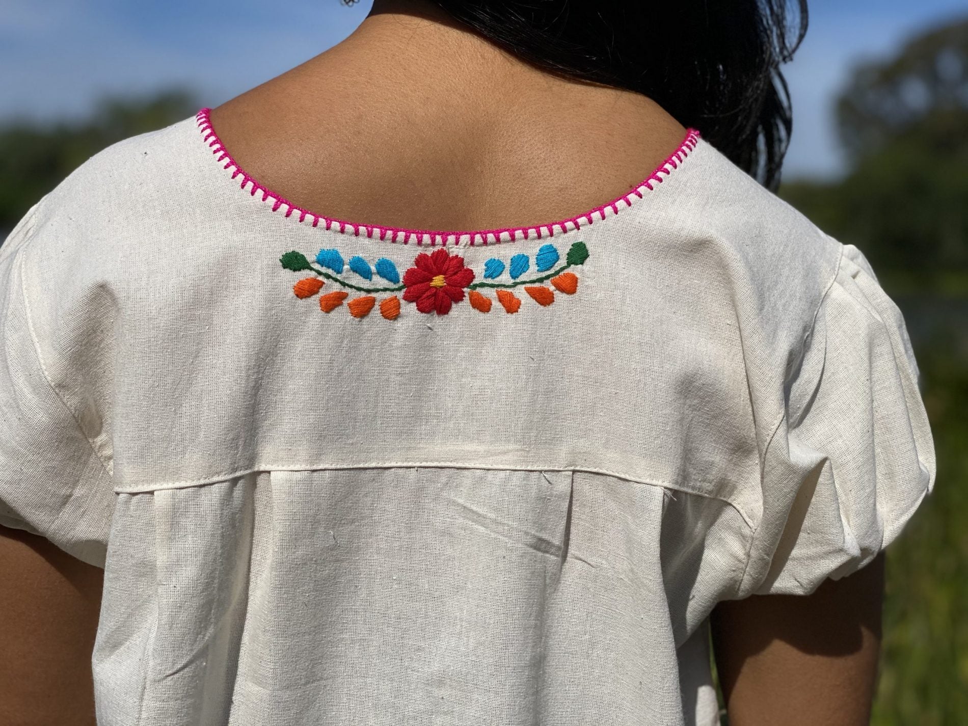 A line style cotton dress, Mexican design of hand embroidered flowers. - Solei Store