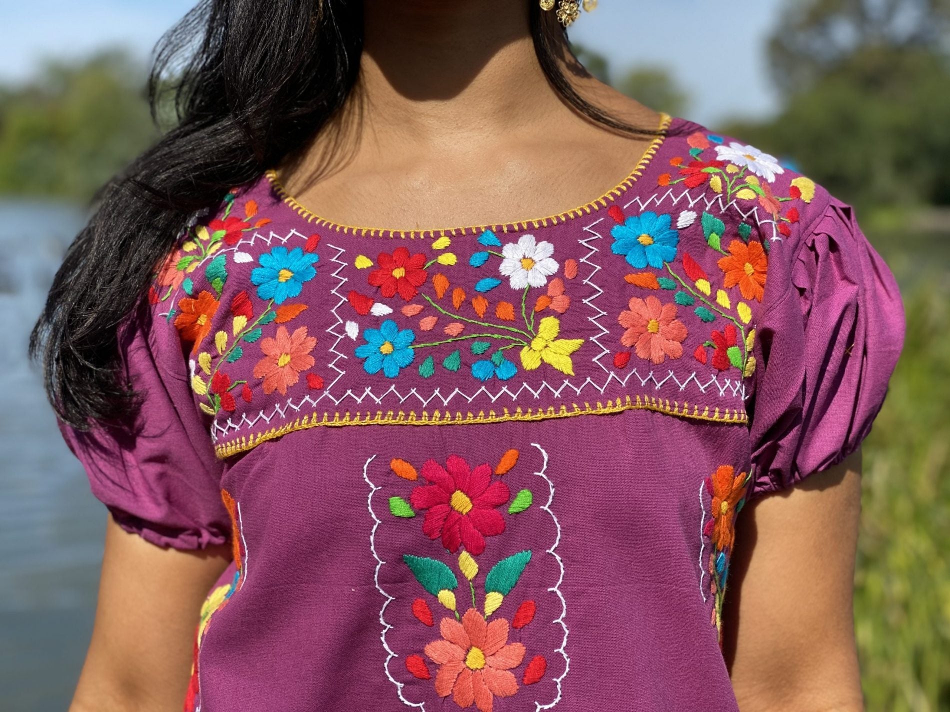 A line style cotton dress, Mexican design of hand embroidered flowers. - Solei Store