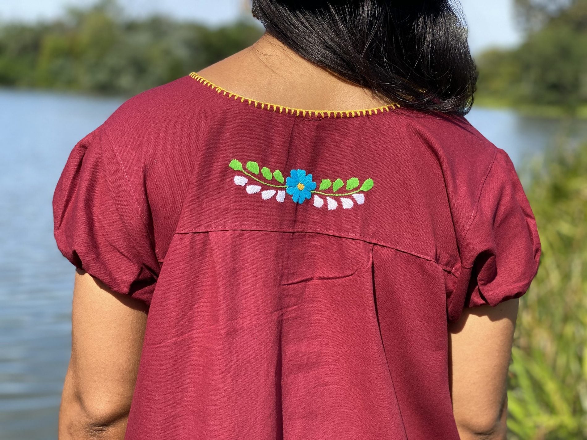 A line style cotton dress, Mexican design of hand embroidered flowers. - Solei Store