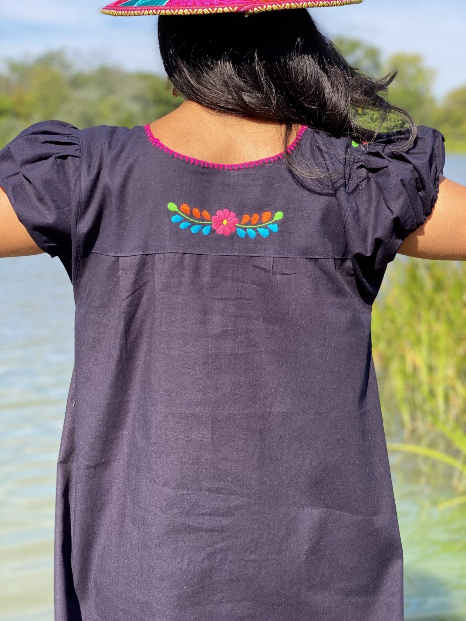 A line style cotton dress, Mexican design of hand embroidered flowers. - Solei Store
