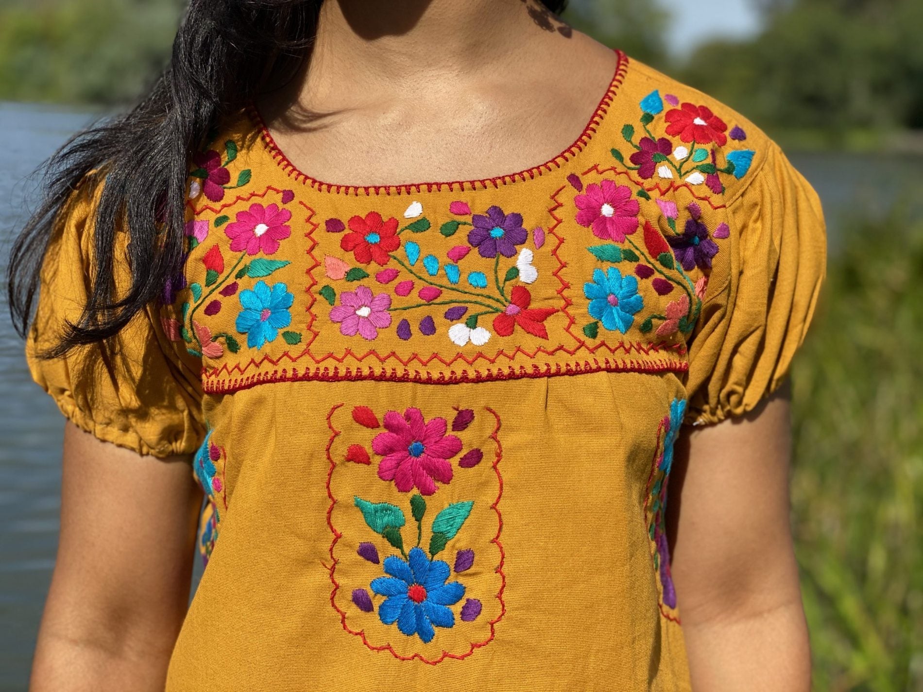 A line style cotton dress, Mexican design of hand embroidered flowers. - Solei Store