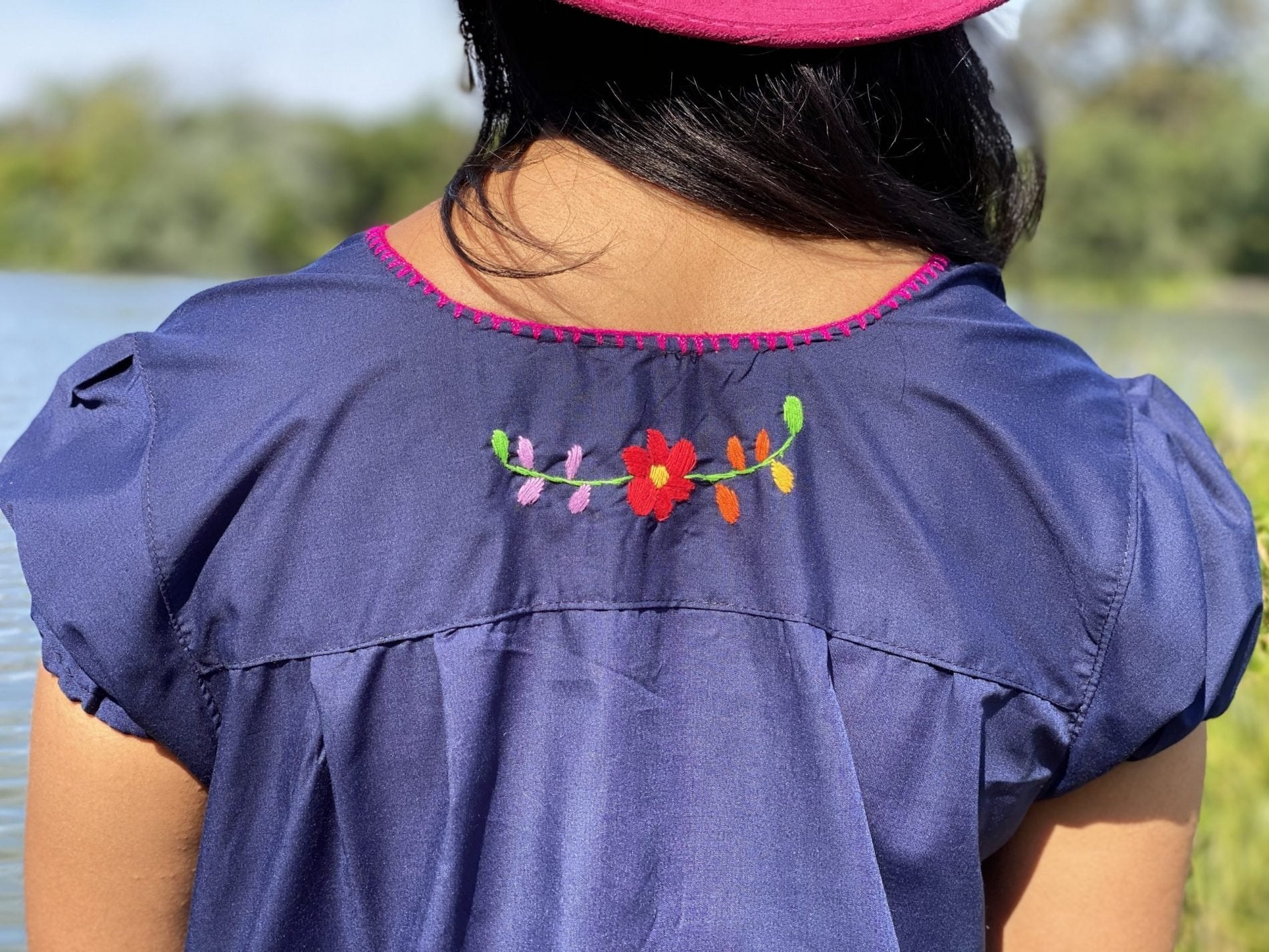 A line style cotton dress, Mexican design of hand embroidered flowers. - Solei Store