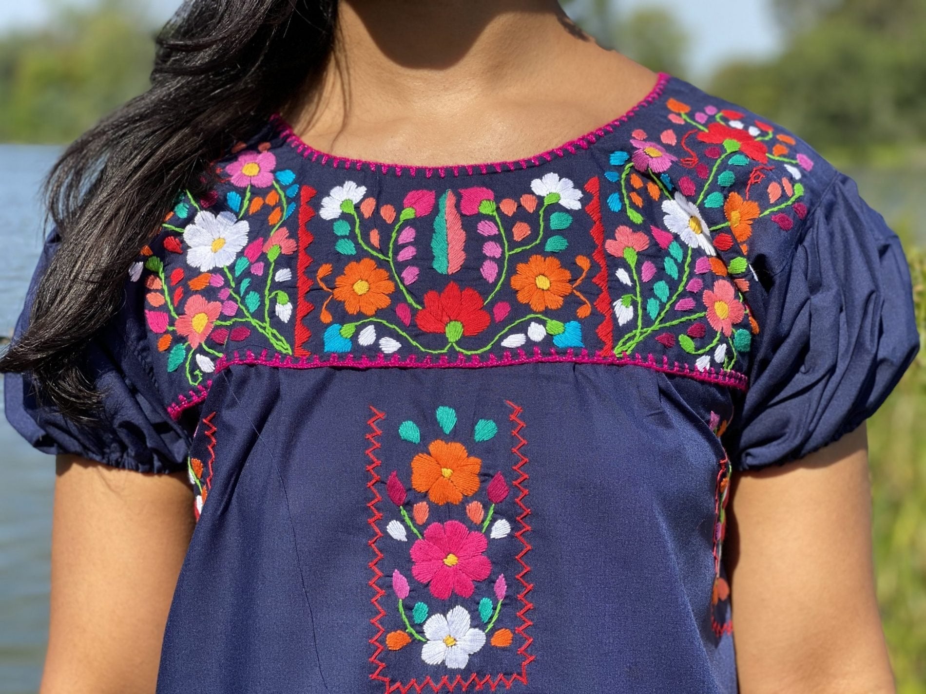A line style cotton dress, Mexican design of hand embroidered flowers. - Solei Store