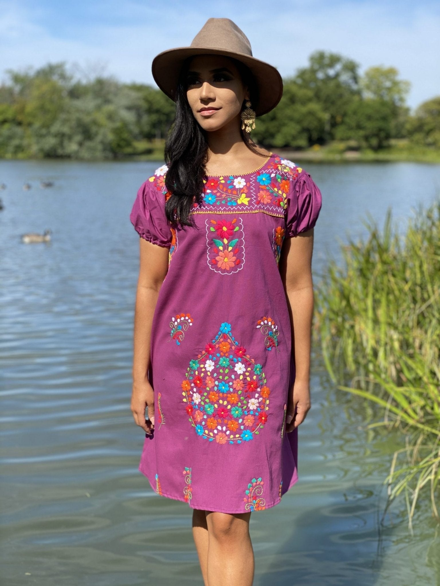 A line style cotton dress, Mexican design of hand embroidered flowers. - Solei Store