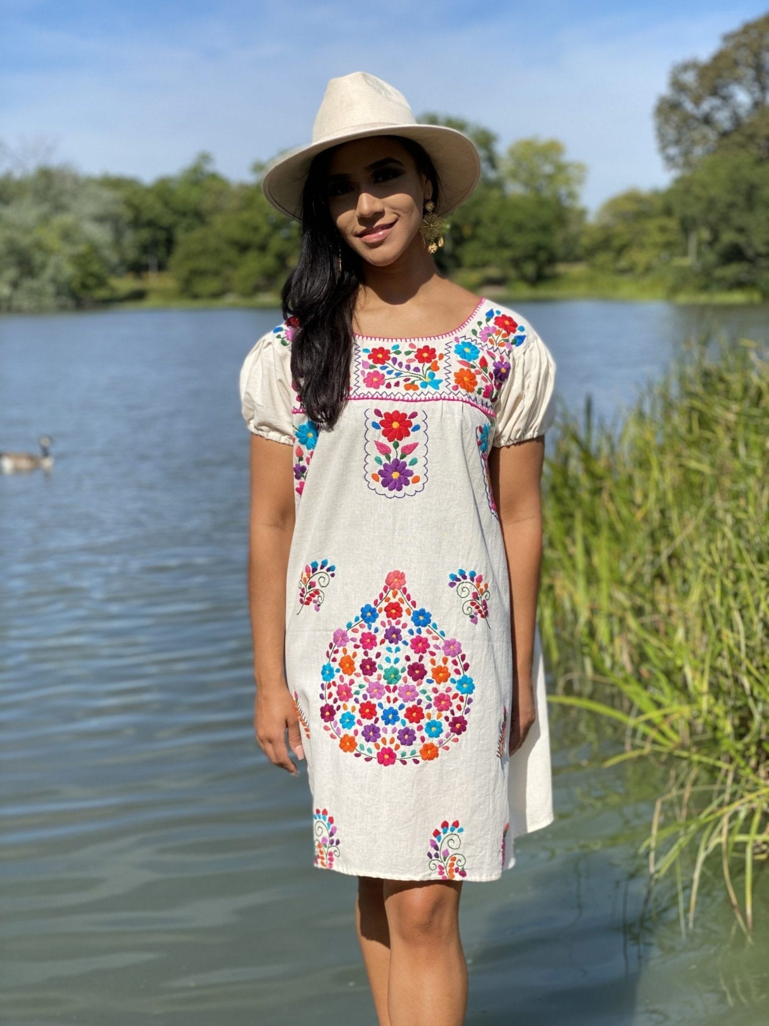 A line style cotton dress, Mexican design of hand embroidered flowers. - Solei Store