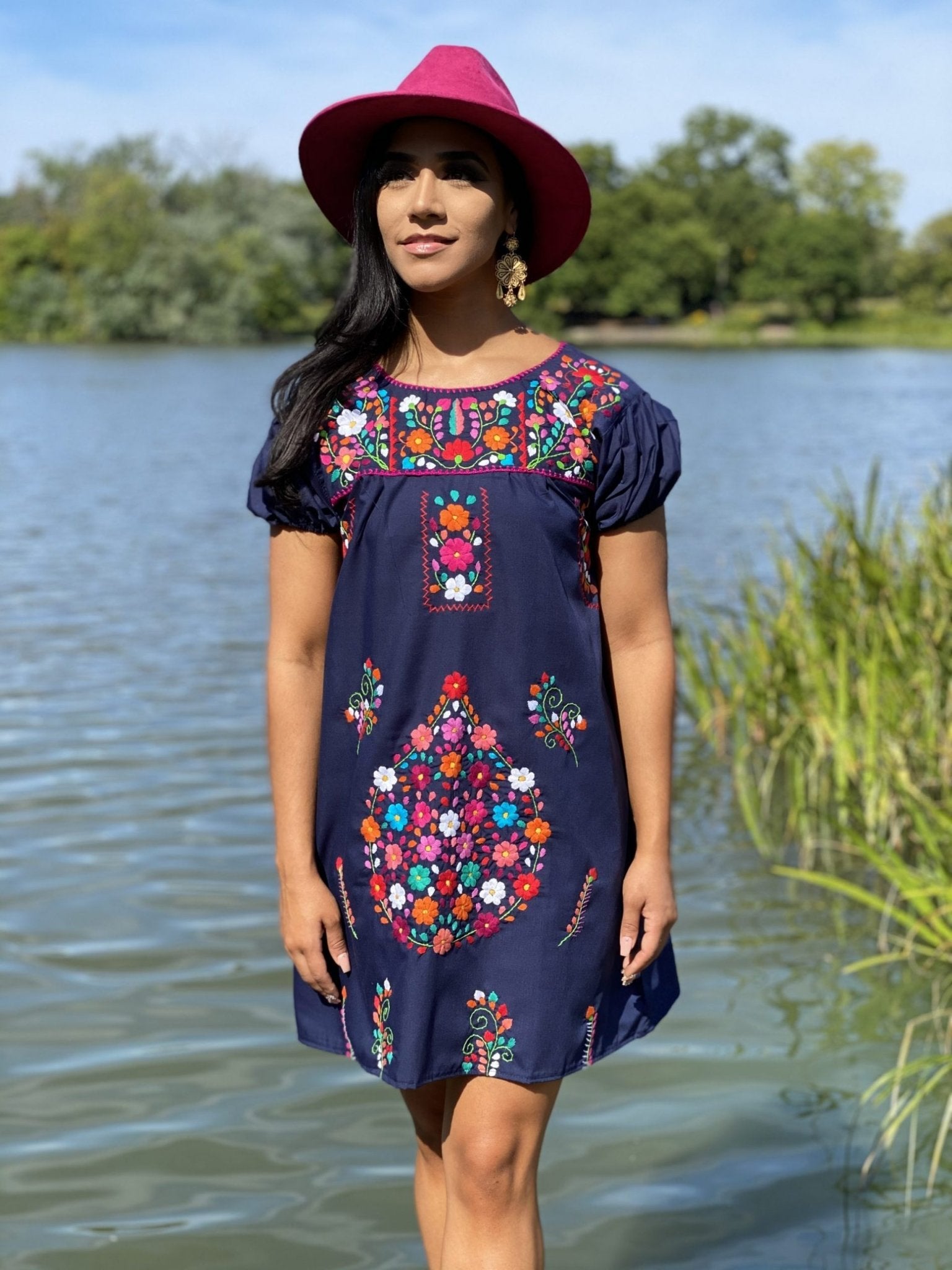 A line style cotton dress, Mexican design of hand embroidered flowers. - Solei Store