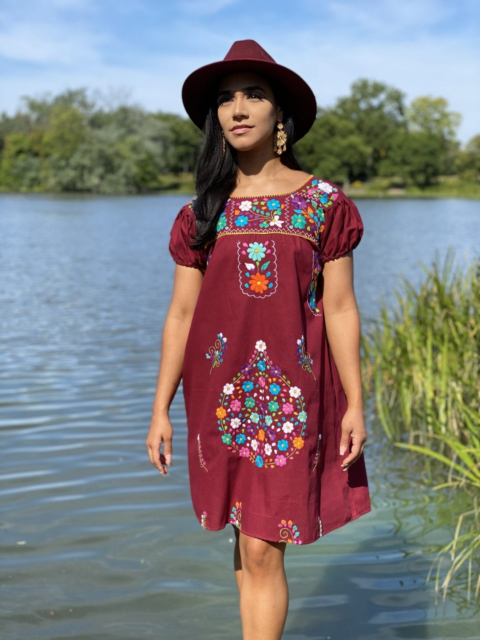 A line style cotton dress, Mexican design of hand embroidered flowers. - Solei Store
