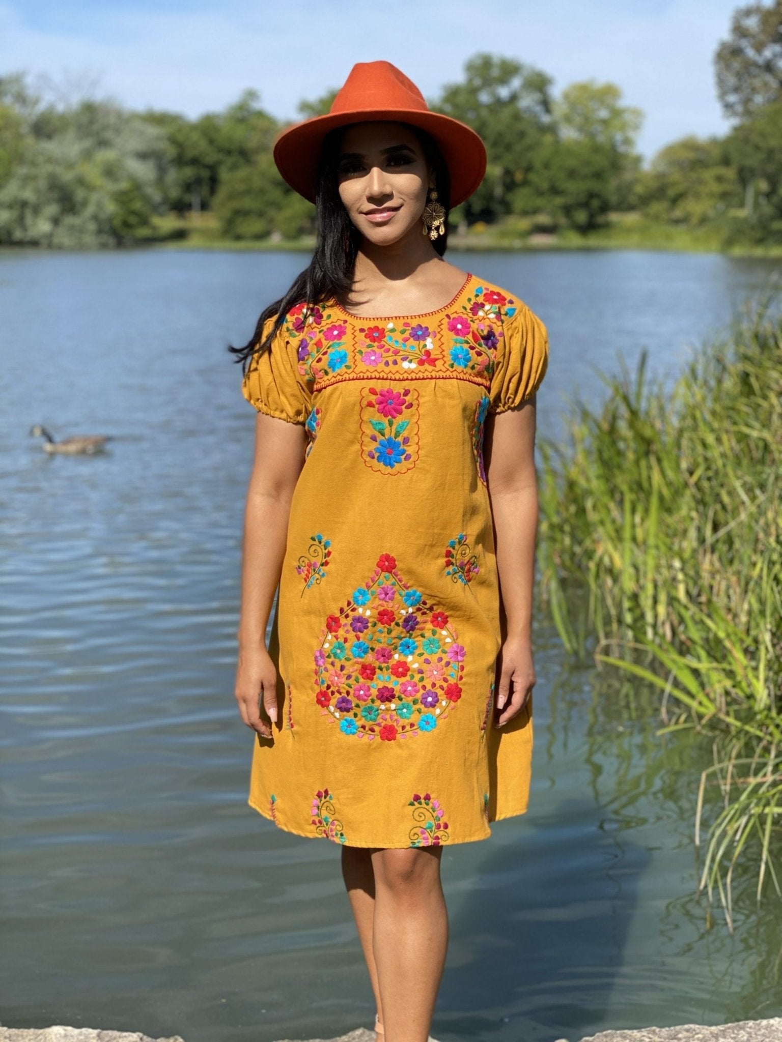 A line style cotton dress, Mexican design of hand embroidered flowers. - Solei Store