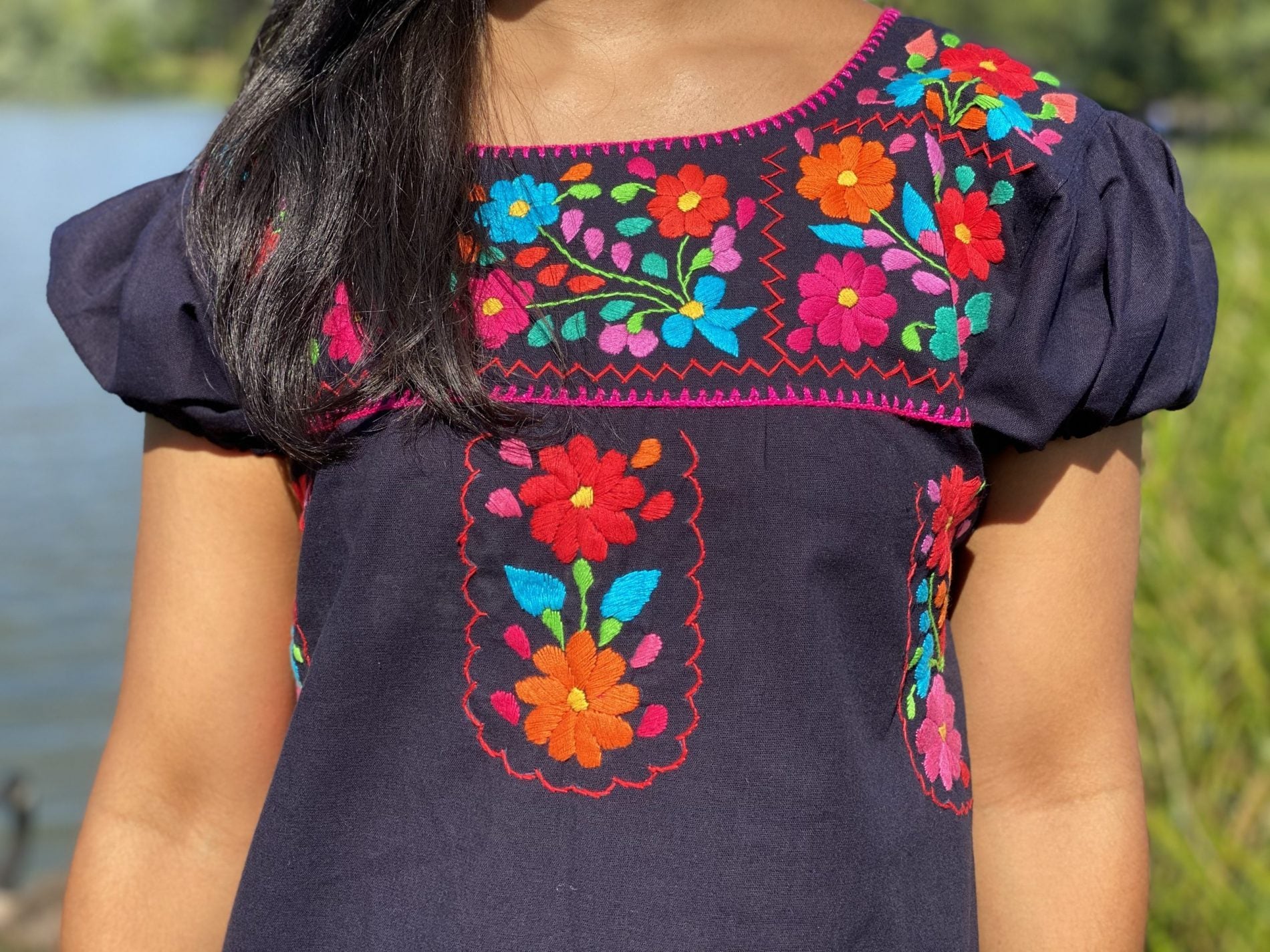 A line style cotton dress, Mexican design of hand embroidered flowers. - Solei Store