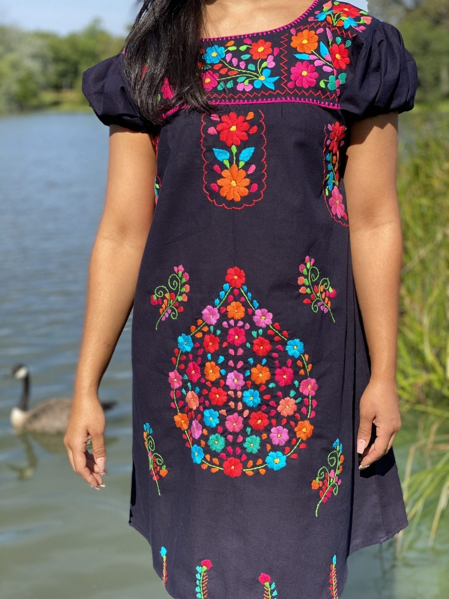 A line style cotton dress, Mexican design of hand embroidered flowers. - Solei Store