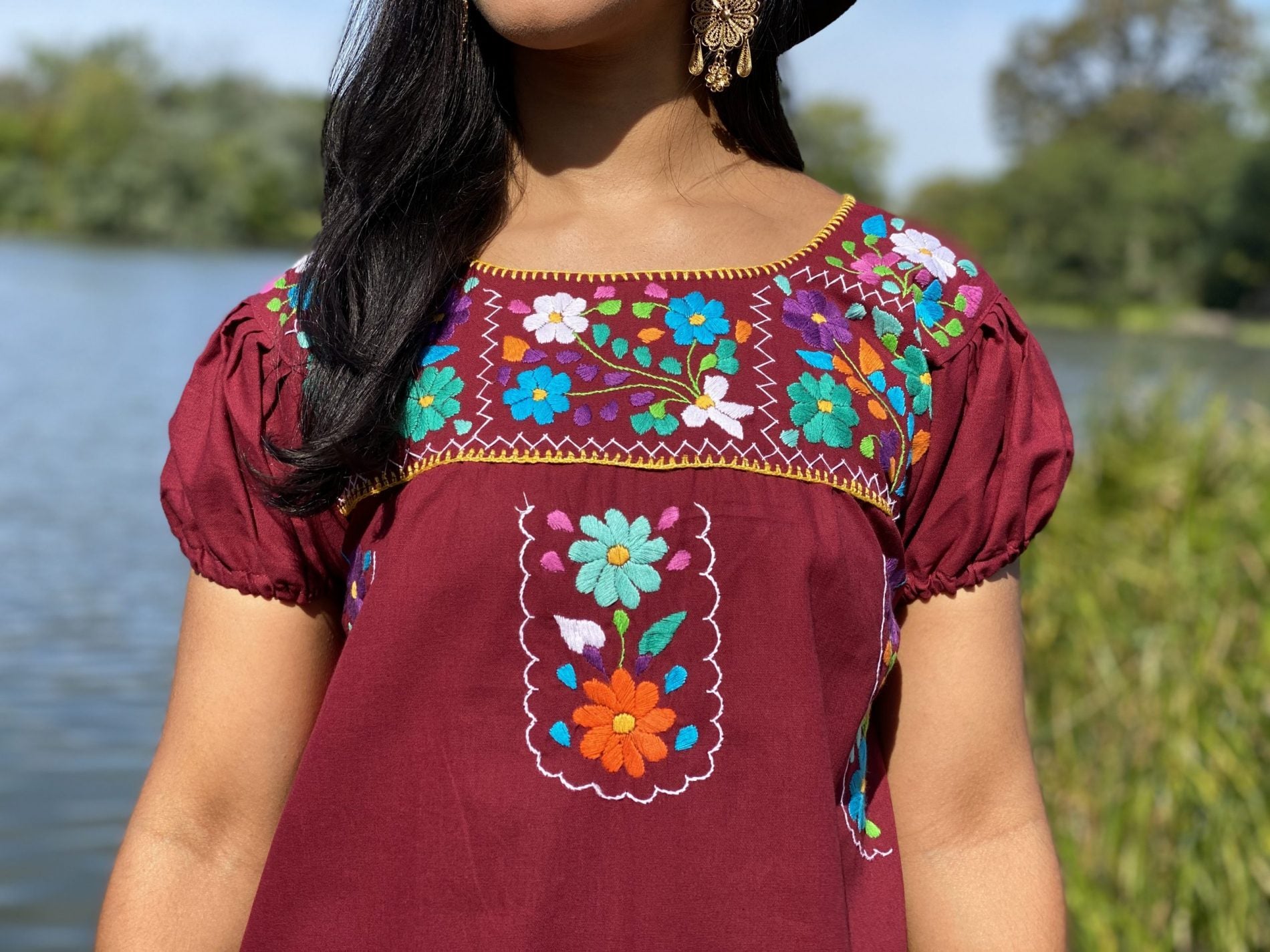 A line style cotton dress, Mexican design of hand embroidered flowers. - Solei Store