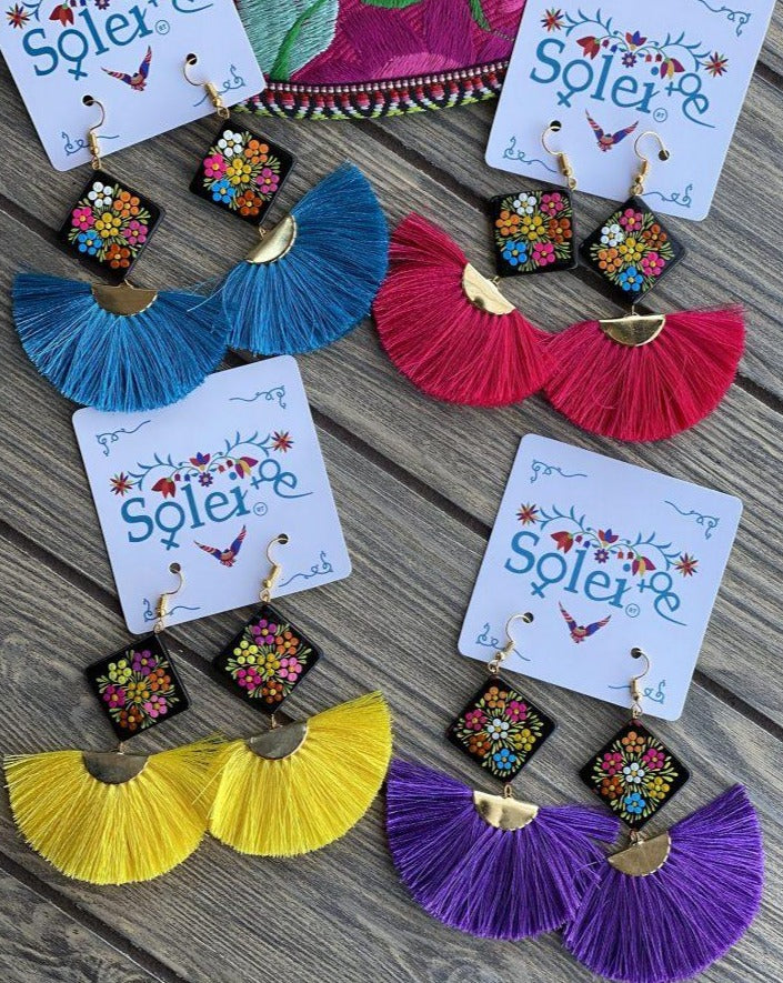 Abanico Tassel fan drop and Hand Painted Wood artisanal Earrings - Solei Store