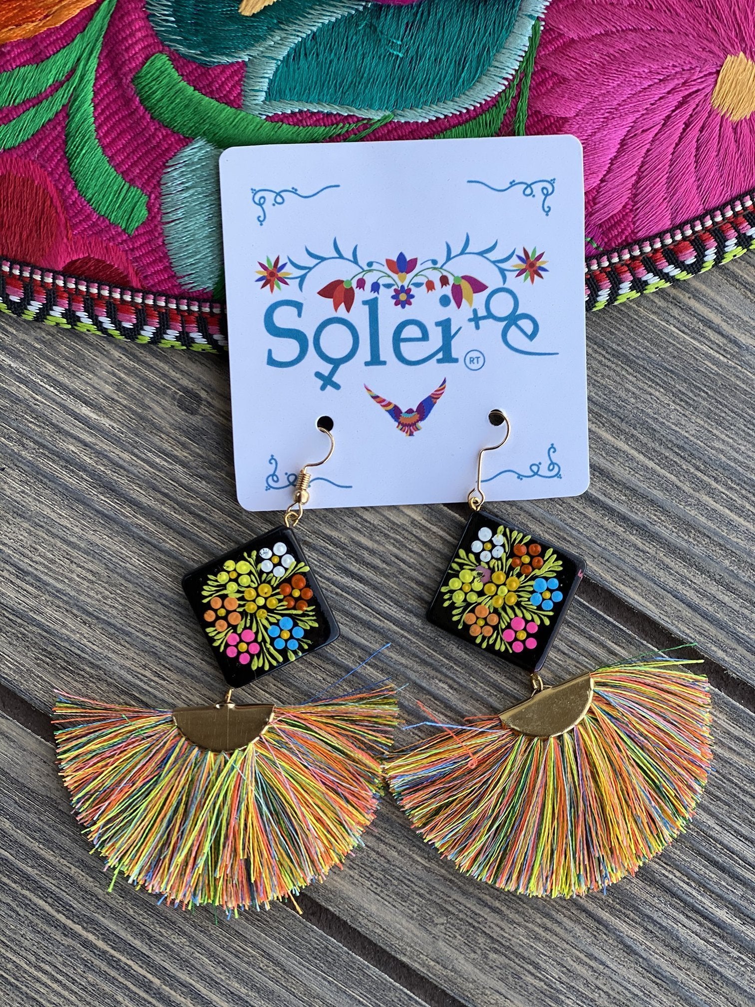 Abanico Tassel fan drop and Hand Painted Wood artisanal Earrings - Solei Store