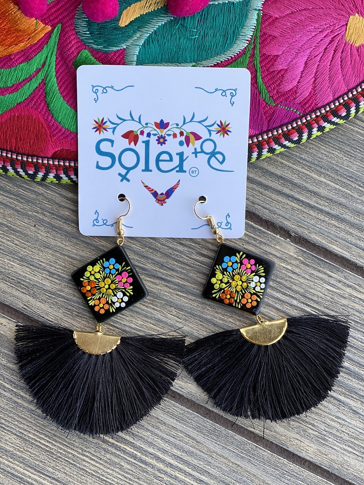 Abanico Tassel fan drop and Hand Painted Wood artisanal Earrings - Solei Store
