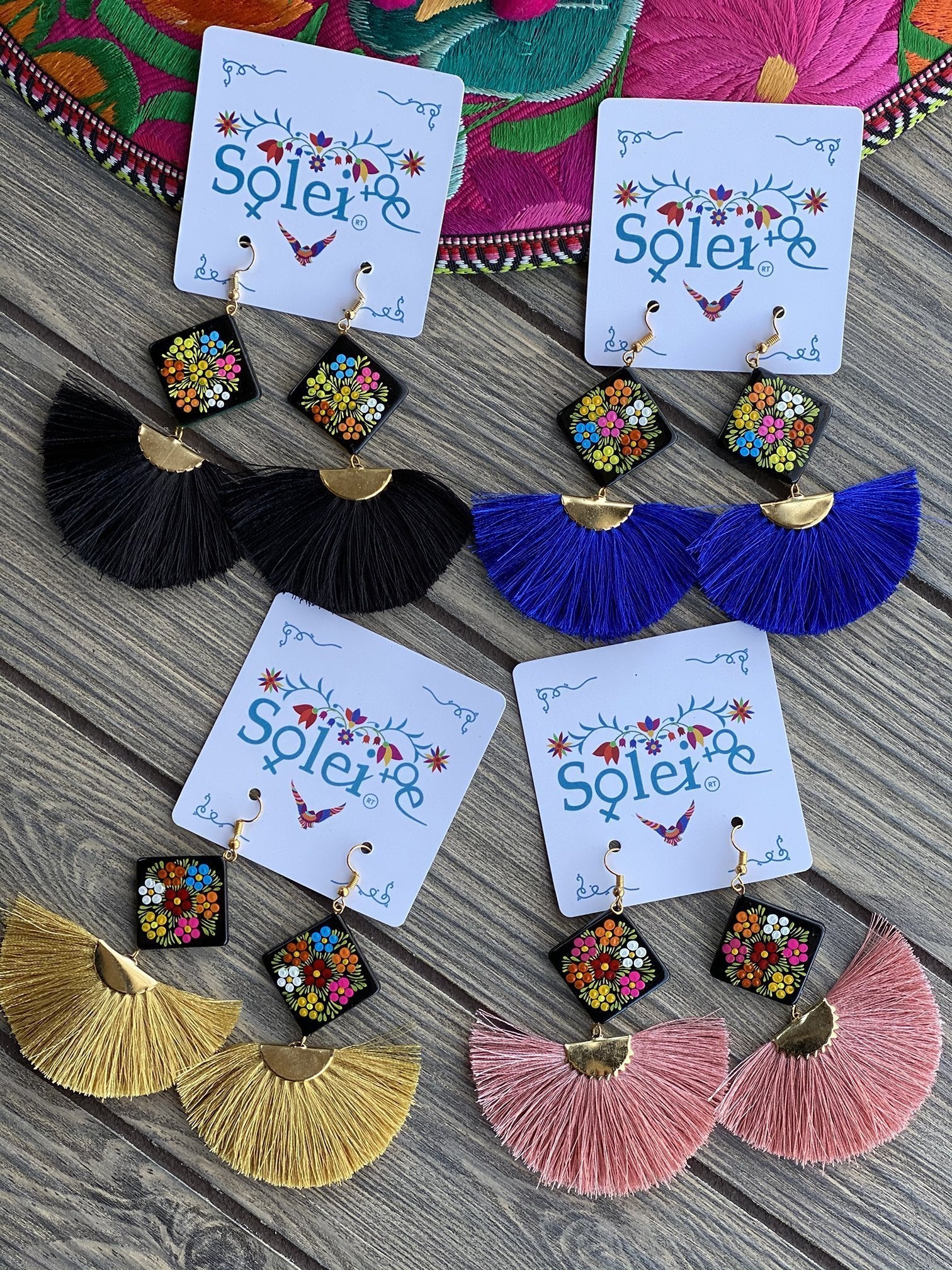 Abanico Tassel fan drop and Hand Painted Wood artisanal Earrings - Solei Store