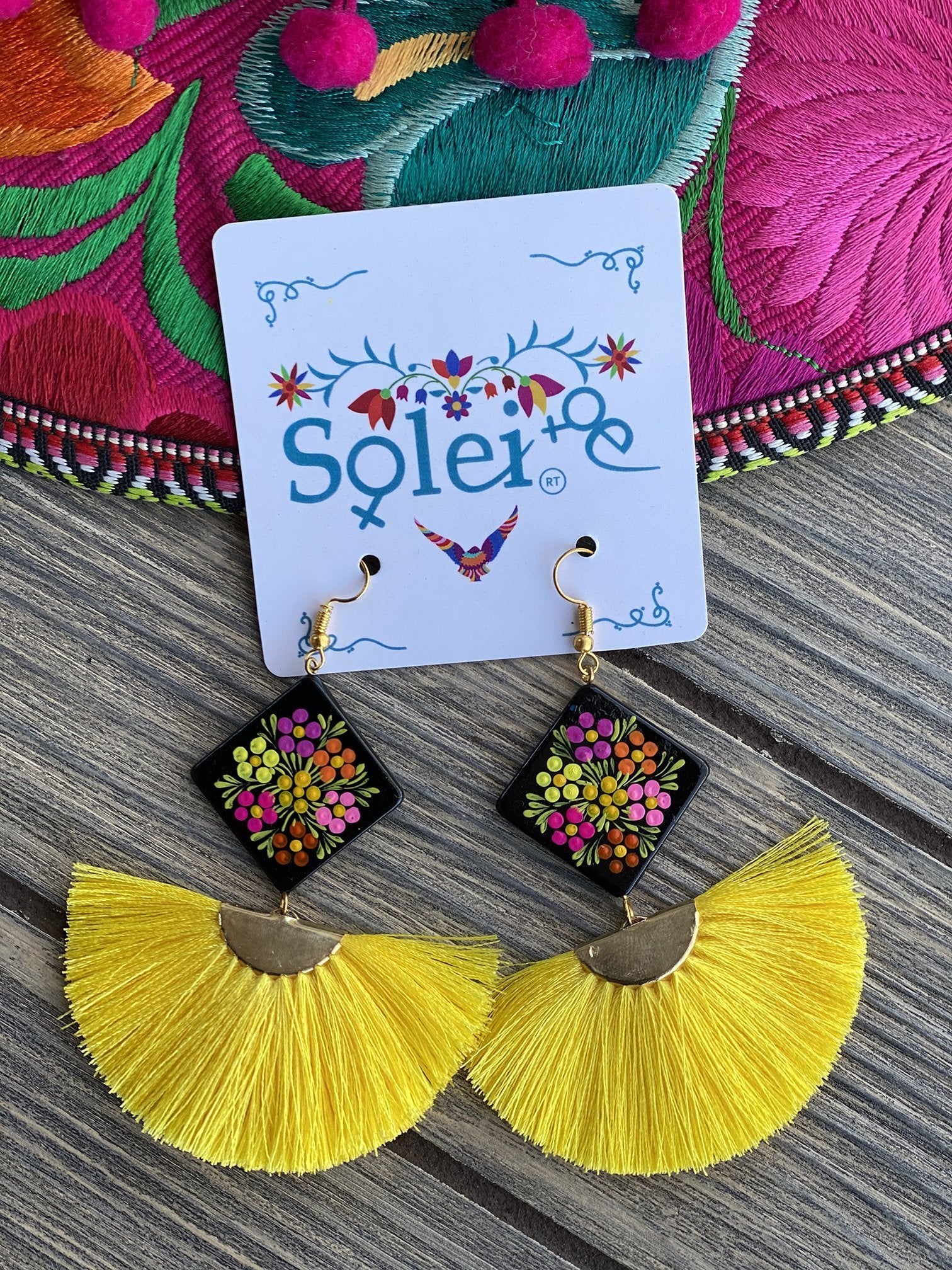 Abanico Tassel fan drop and Hand Painted Wood artisanal Earrings - Solei Store
