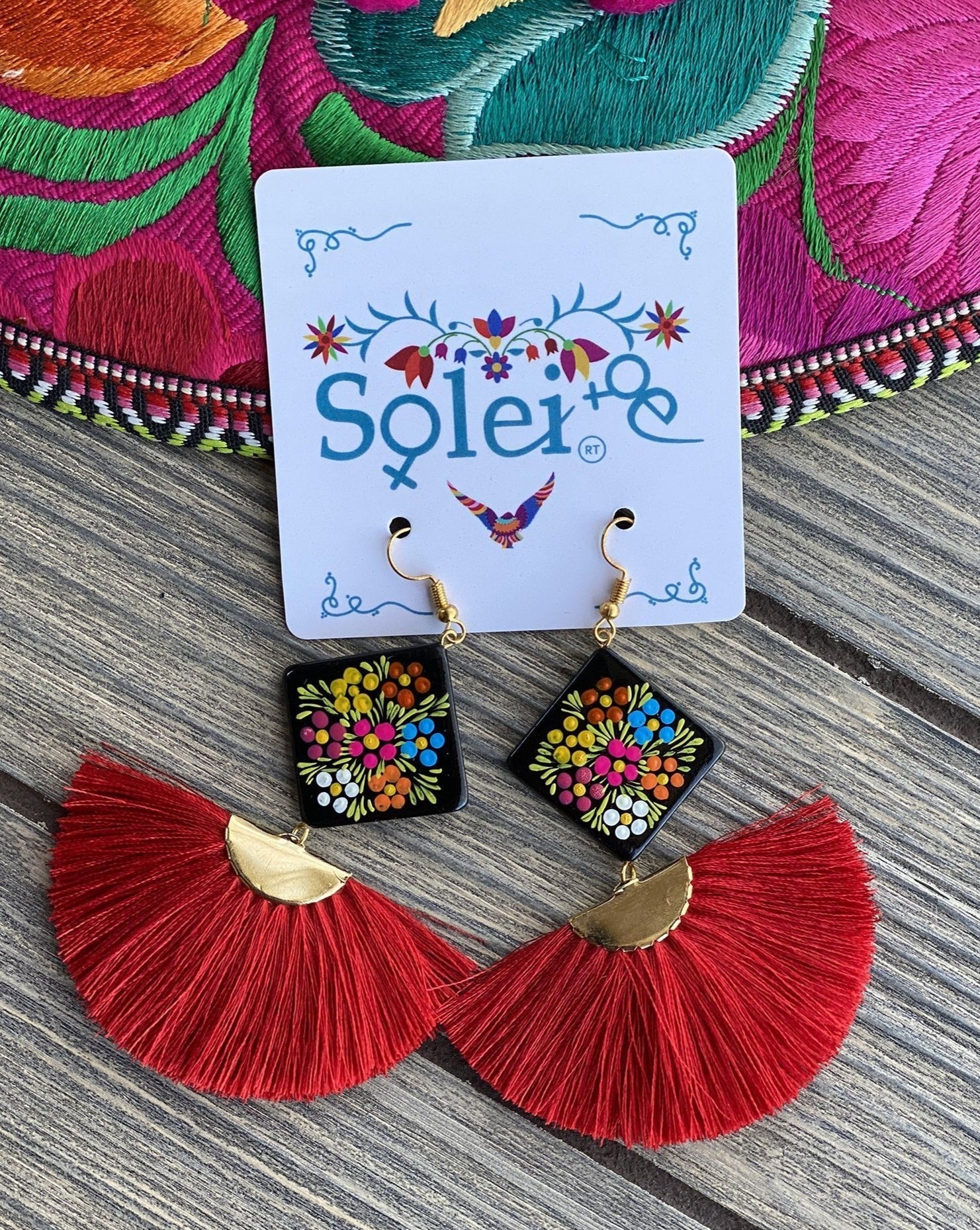 Abanico Tassel fan drop and Hand Painted Wood artisanal Earrings - Solei Store