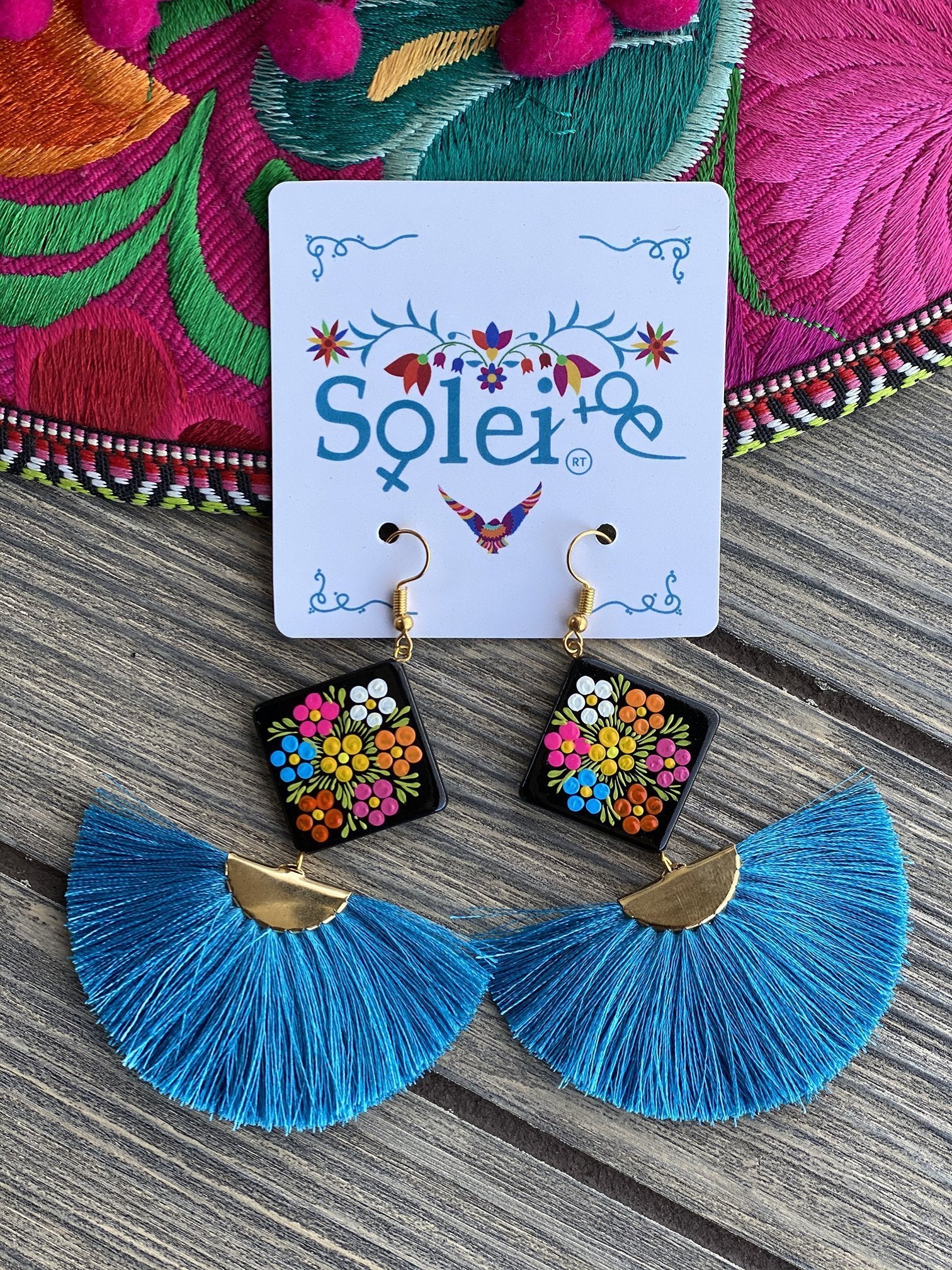 Abanico Tassel fan drop and Hand Painted Wood artisanal Earrings - Solei Store