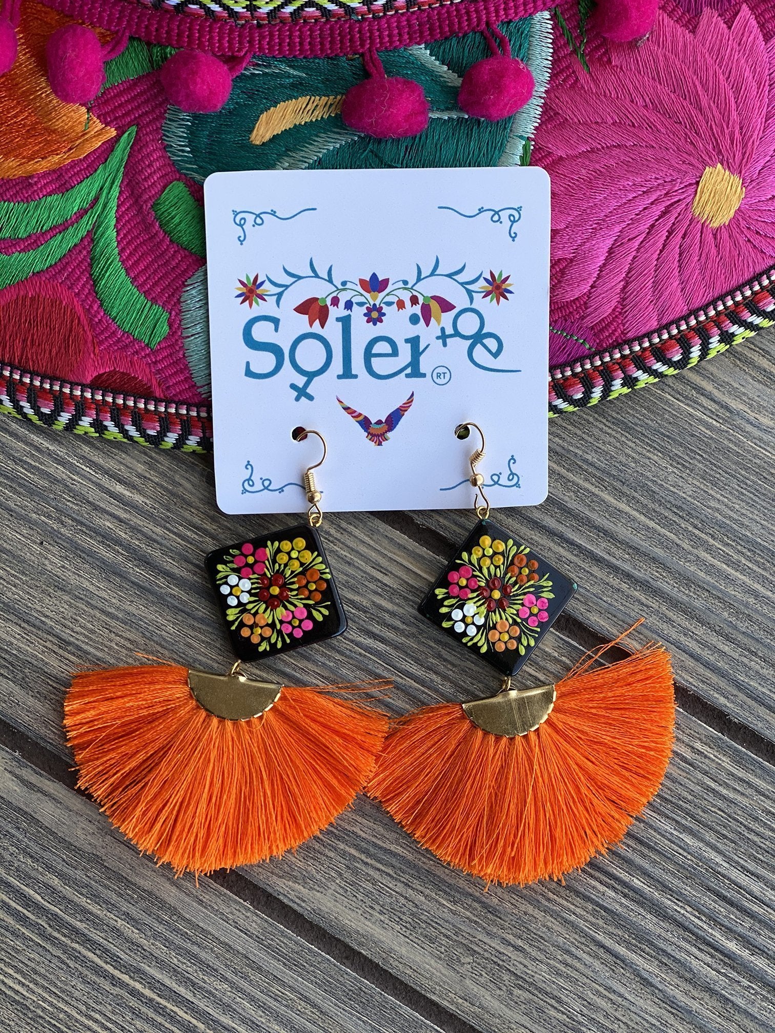 Abanico Tassel fan drop and Hand Painted Wood artisanal Earrings - Solei Store