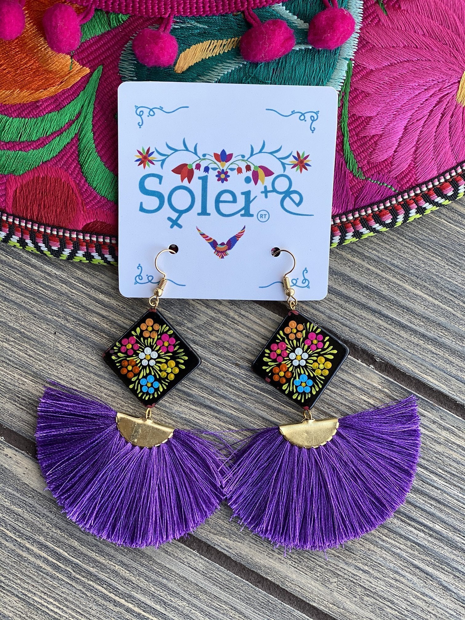 Abanico Tassel fan drop and Hand Painted Wood artisanal Earrings - Solei Store