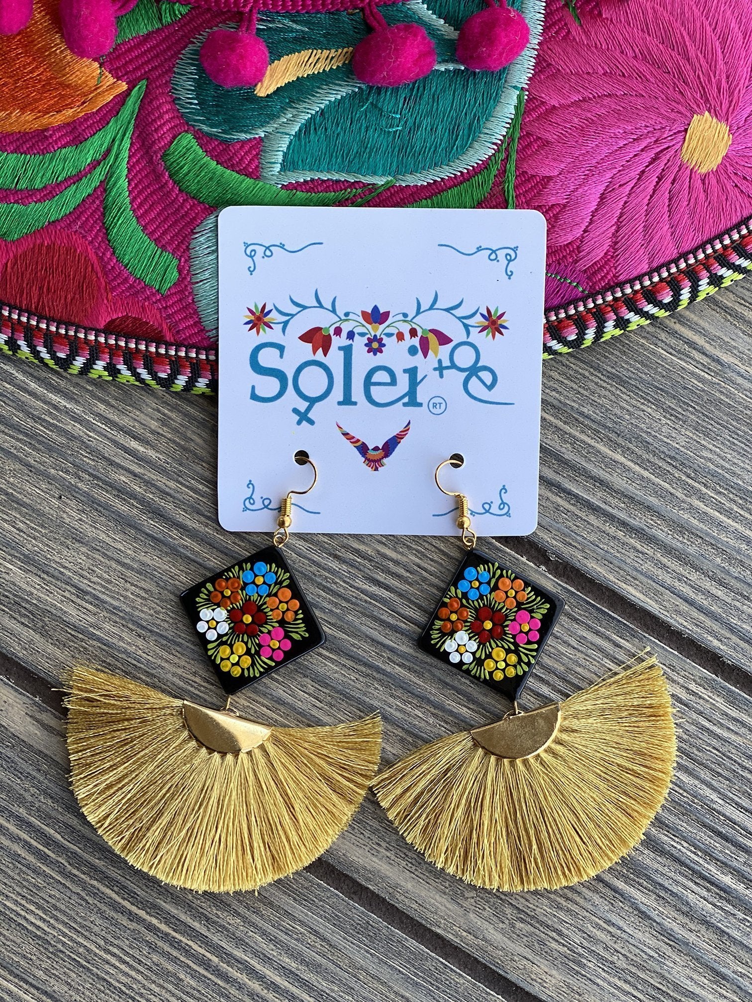 Abanico Tassel fan drop and Hand Painted Wood artisanal Earrings - Solei Store