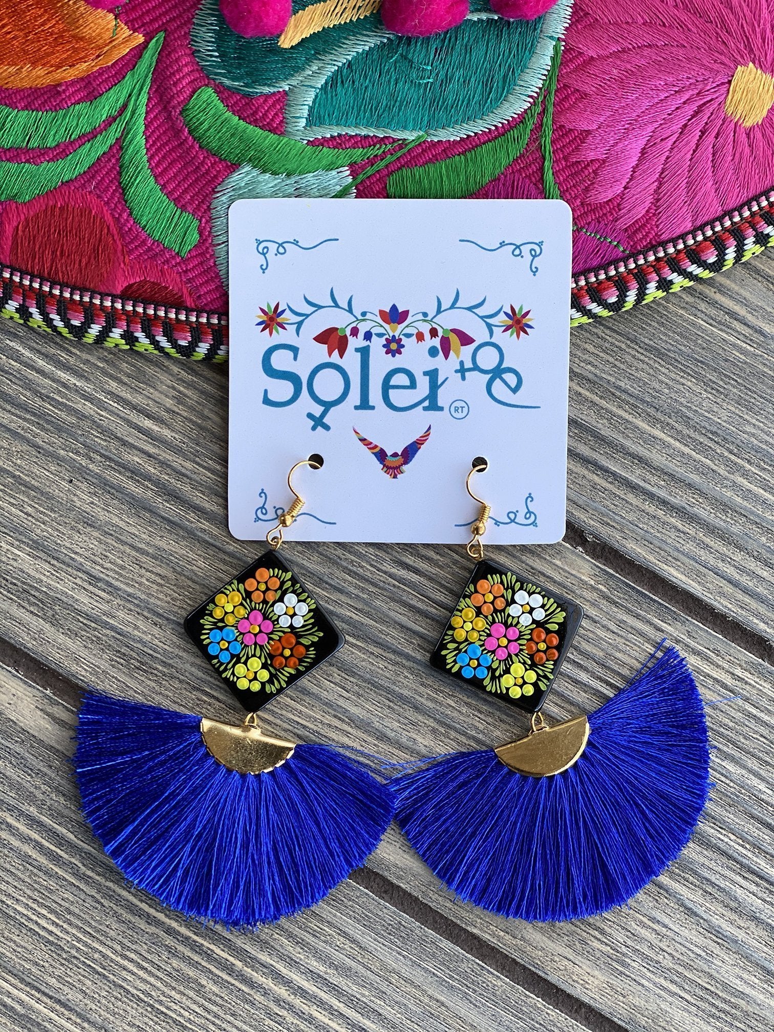 Abanico Tassel fan drop and Hand Painted Wood artisanal Earrings - Solei Store