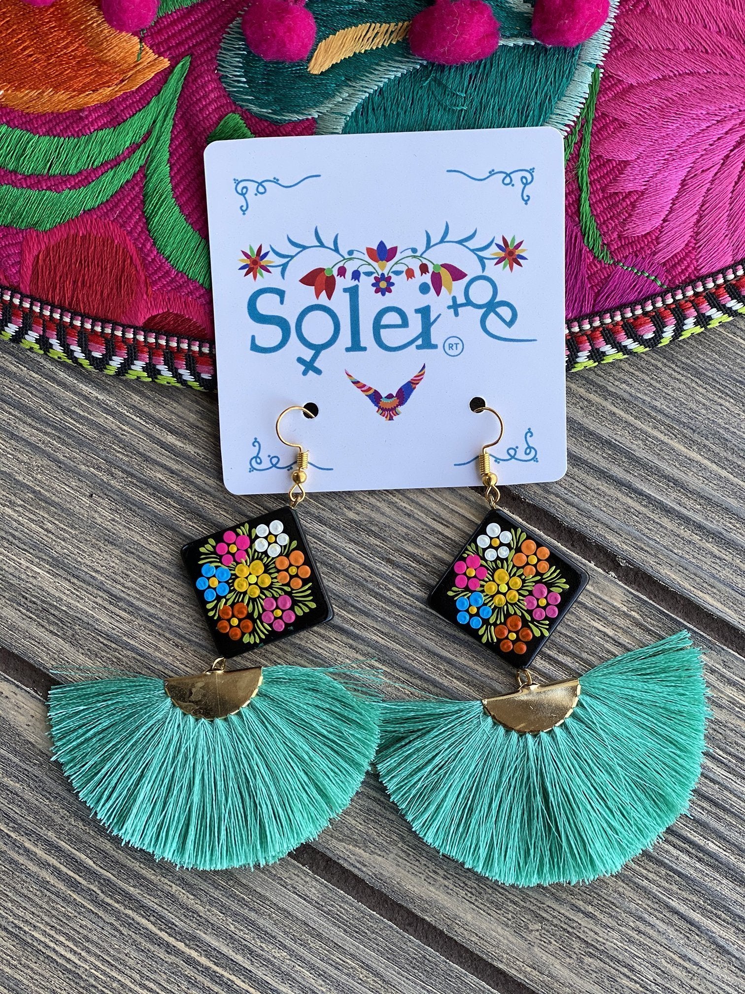Abanico Tassel fan drop and Hand Painted Wood artisanal Earrings - Solei Store