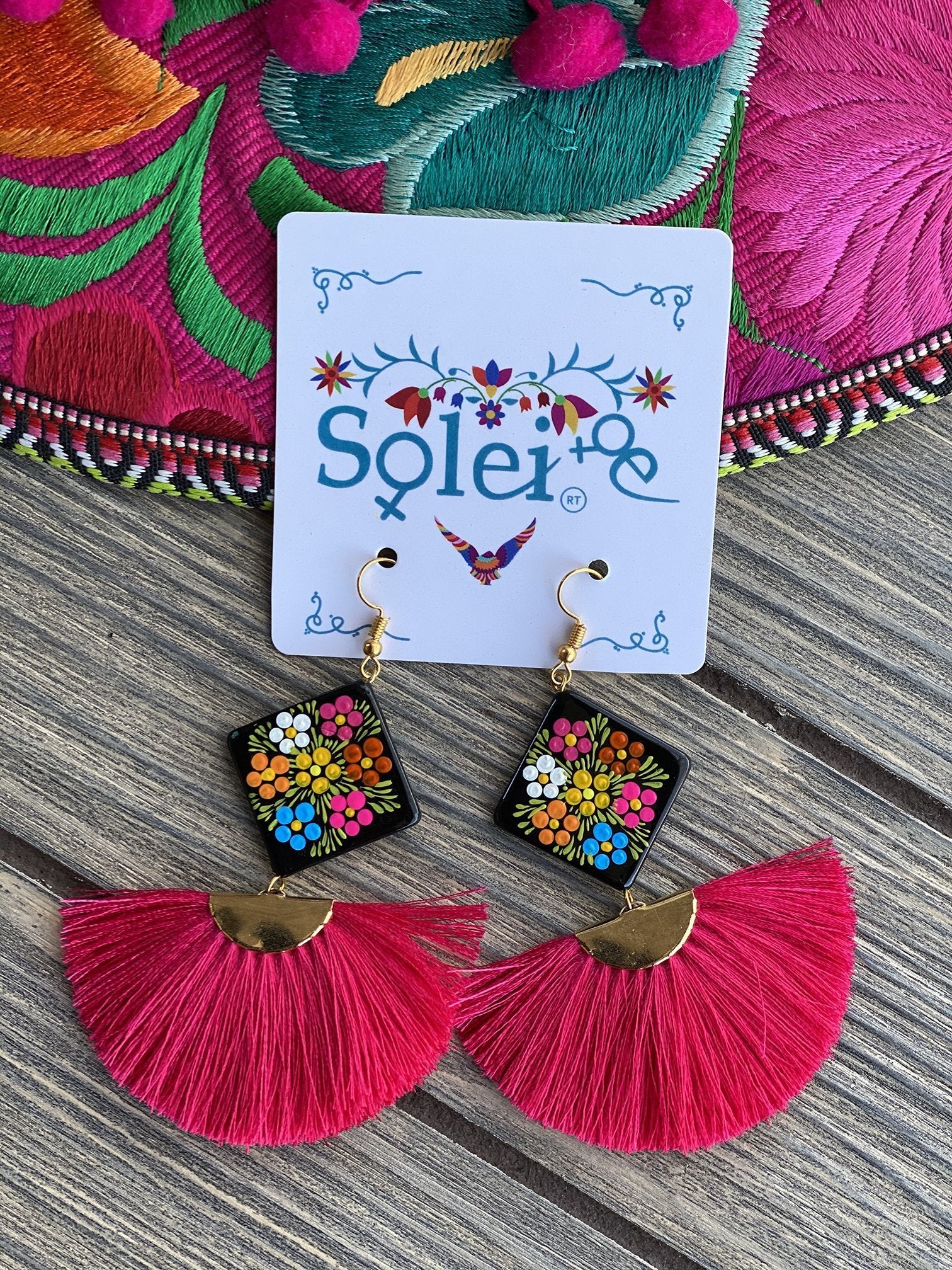 Abanico Tassel fan drop and Hand Painted Wood artisanal Earrings - Solei Store