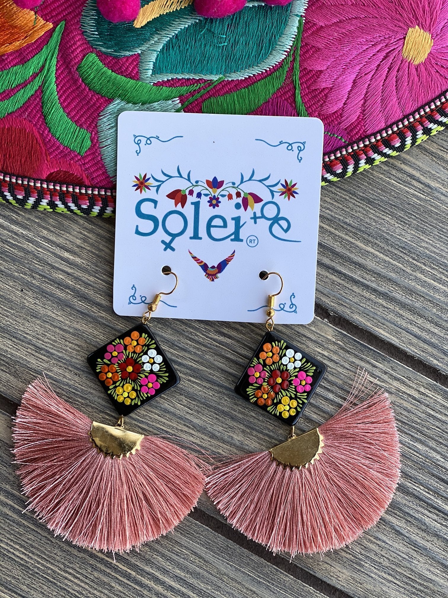 Abanico Tassel fan drop and Hand Painted Wood artisanal Earrings - Solei Store