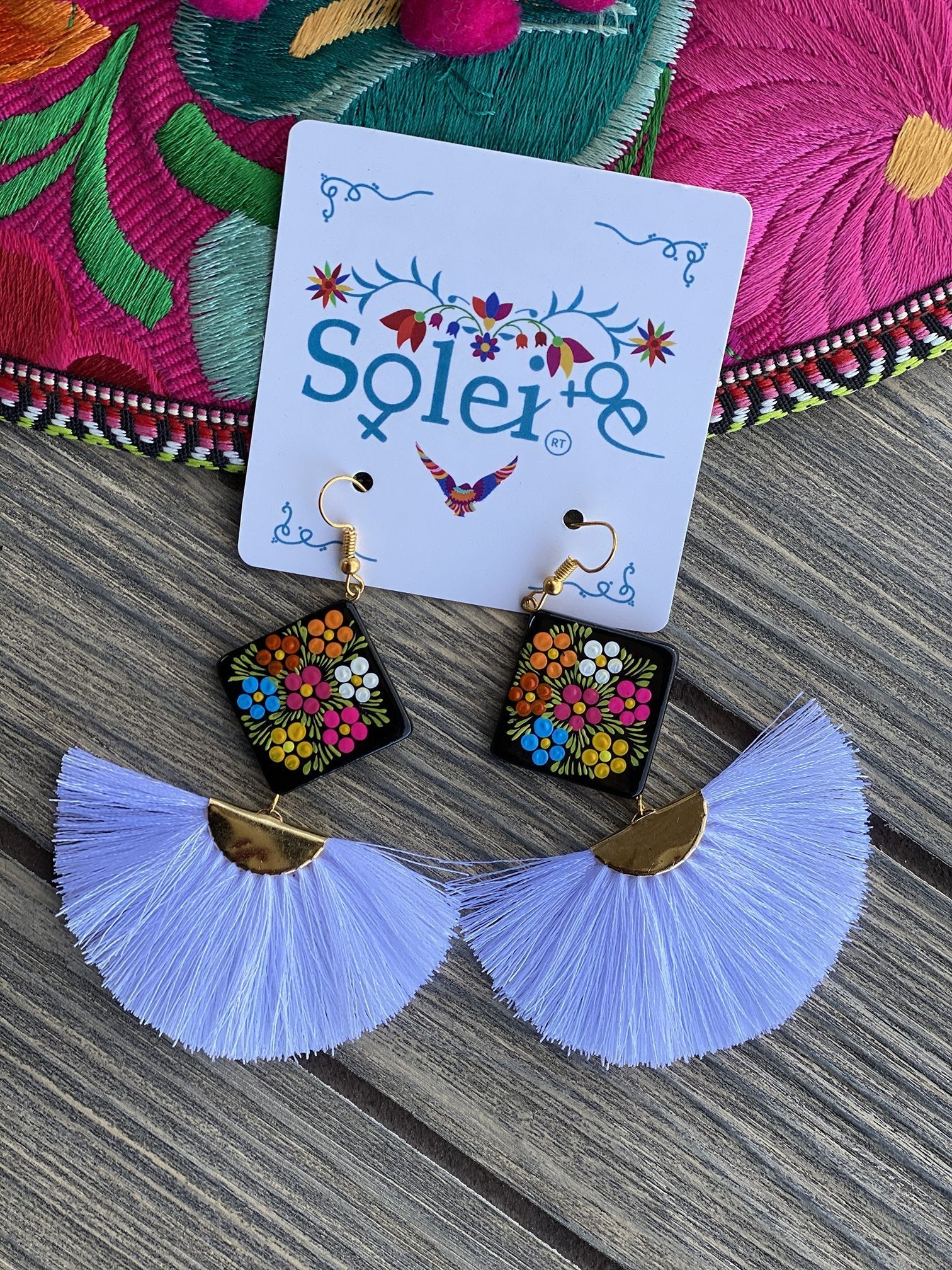 Abanico Tassel fan drop and Hand Painted Wood artisanal Earrings - Solei Store