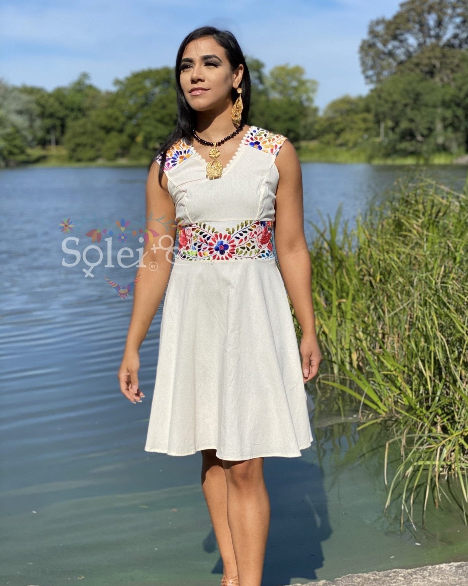 Allison Dress Floral Skater Dress. Traditional Mexican Dress. Embroidered Floral Dress - Solei Store