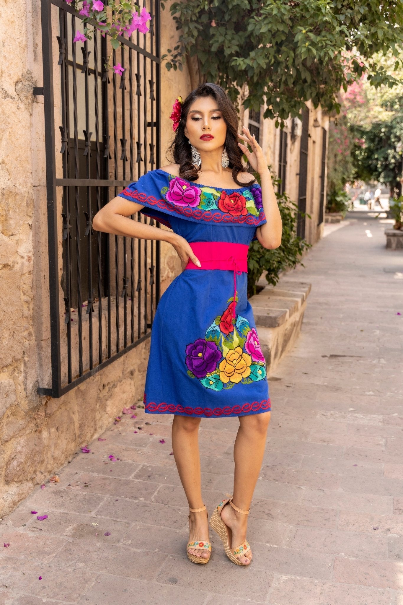 Colorful Mexican Embroidered Dress in Royal Blue