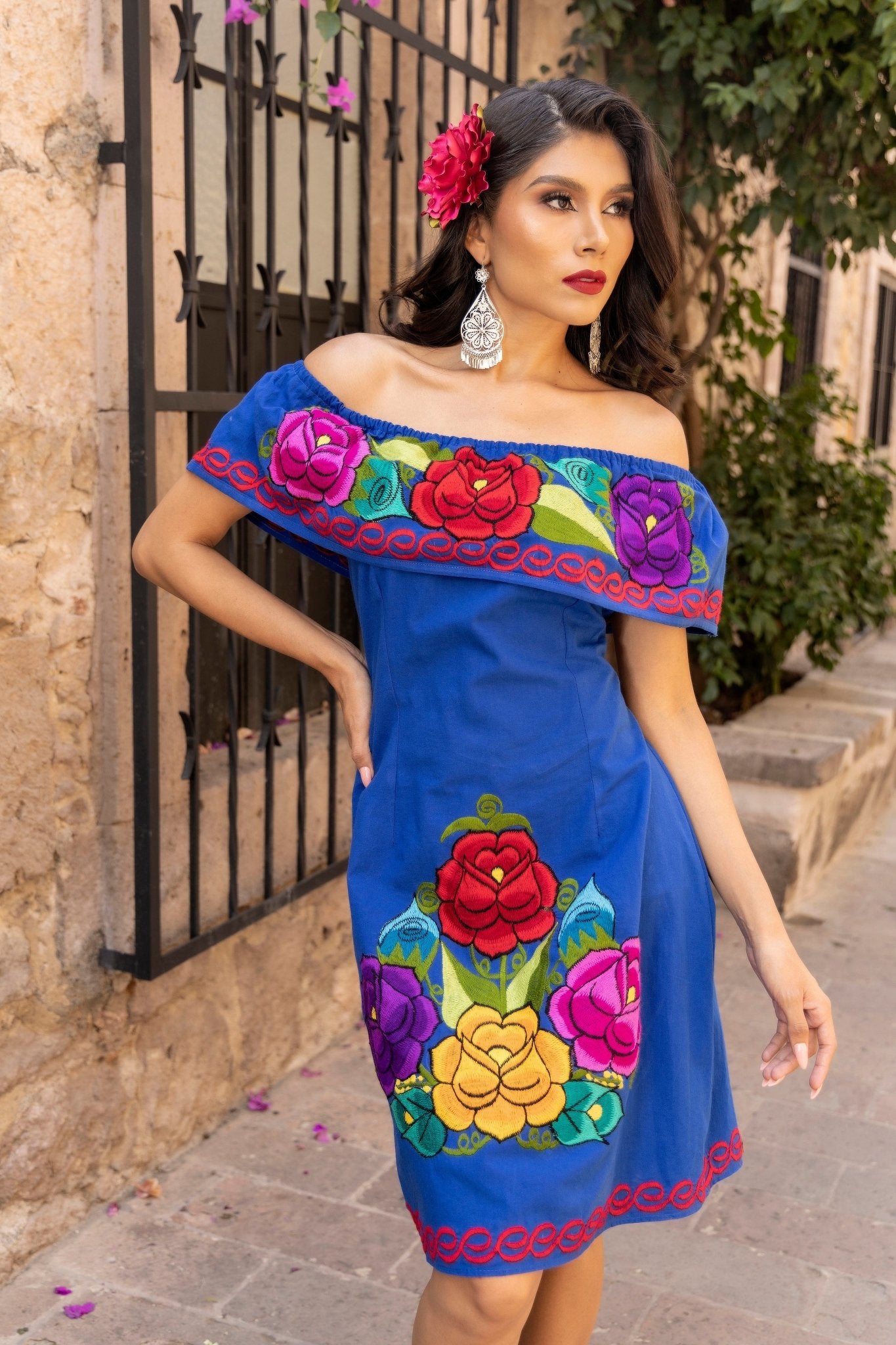 Colorful Mexican Embroidered Dress in Royal Blue