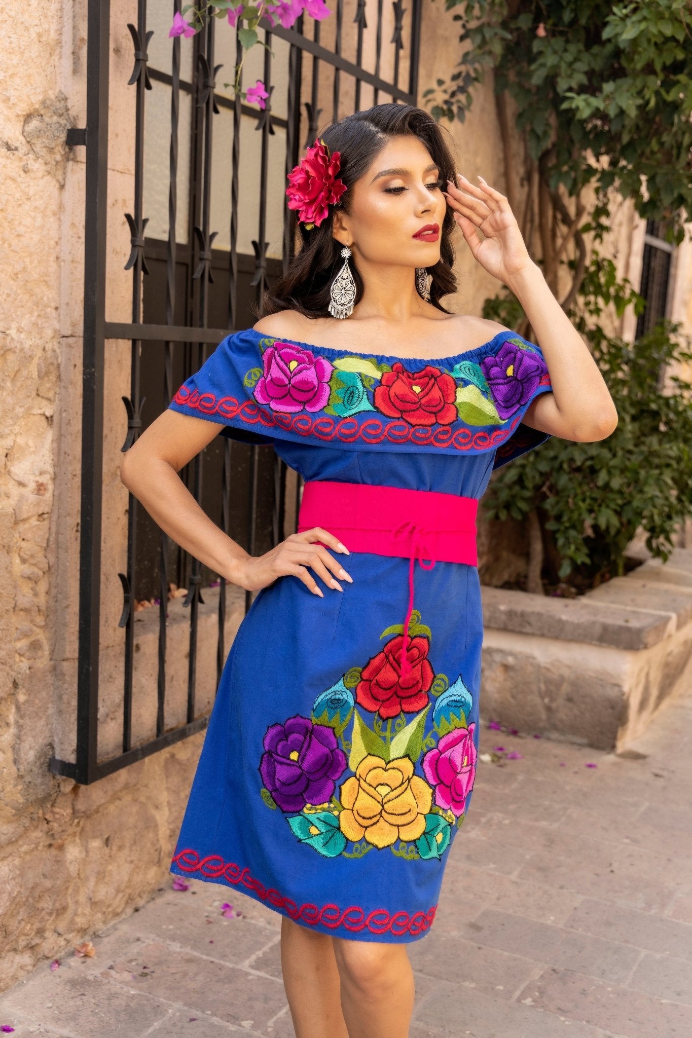 Colorful Mexican Embroidered Dress in Royal Blue