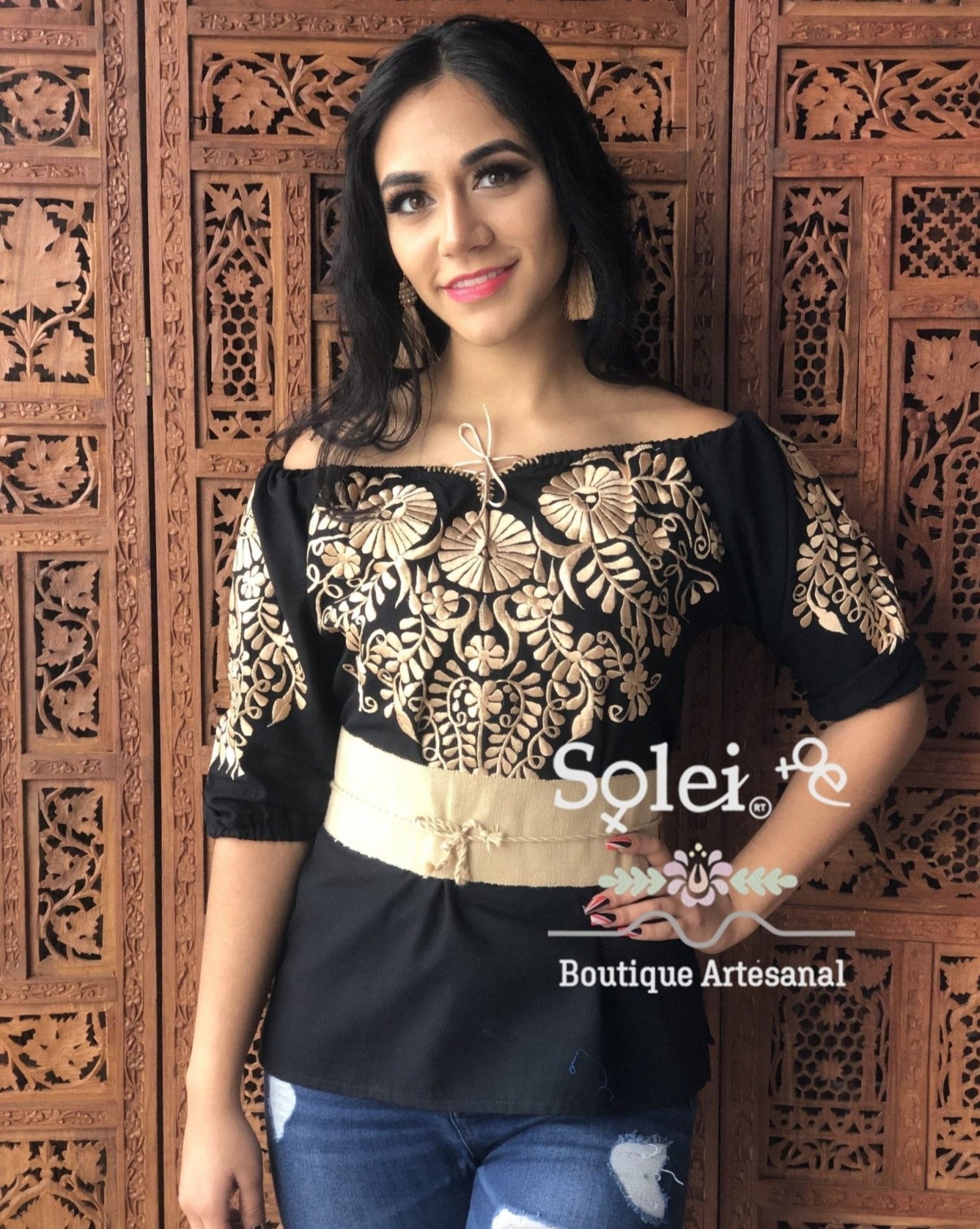 Andrea Gold Blouse 3/4 sleeve smocked off-the-shoulder blouse, casual and formal blouse, gold color embroidery - Solei Store