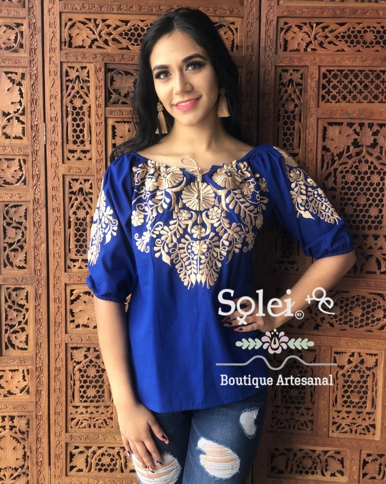 Andrea Gold Blouse 3/4 sleeve smocked off-the-shoulder blouse, casual and formal blouse, gold color embroidery - Solei Store