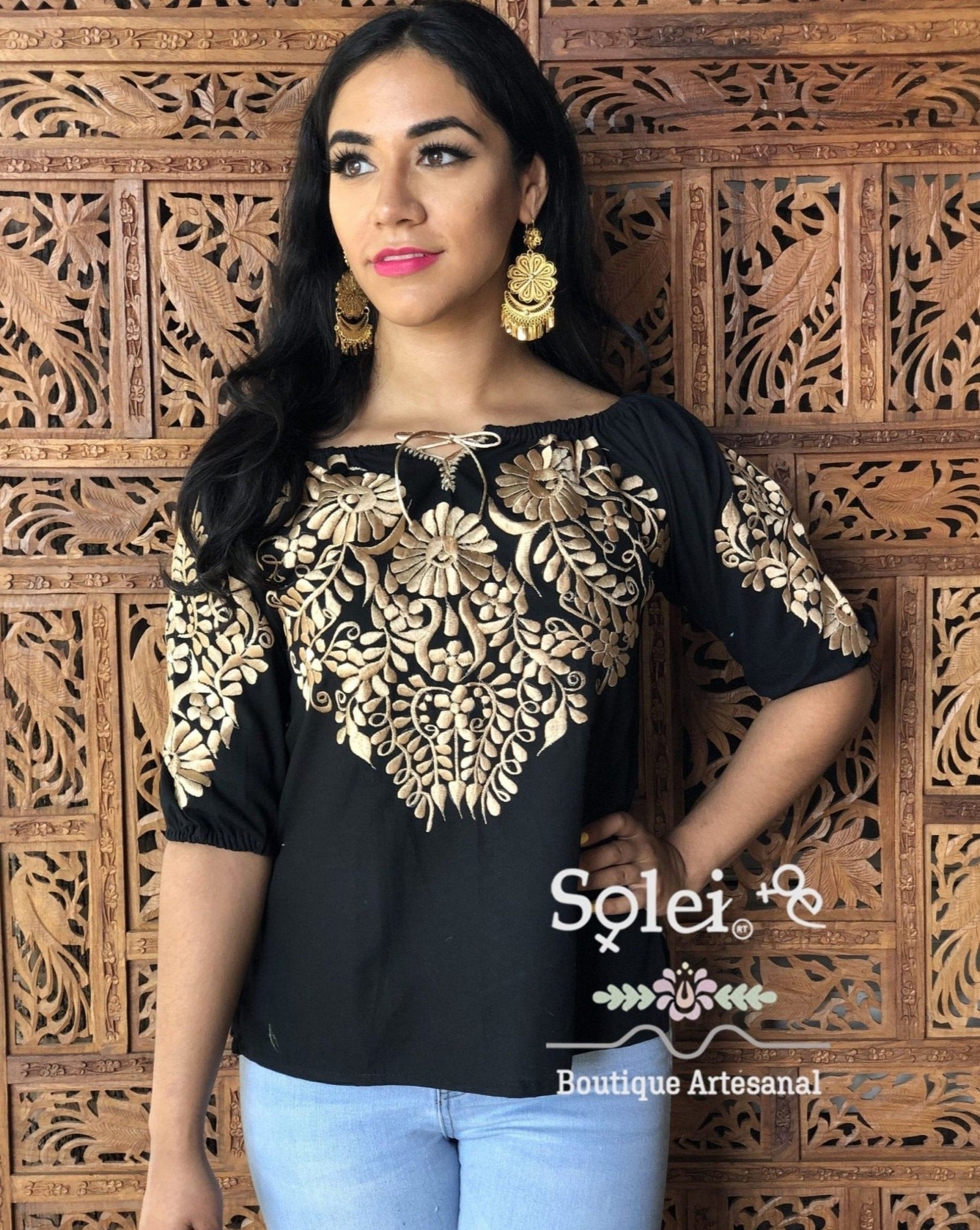 Andrea Gold Blouse 3/4 sleeve smocked off-the-shoulder blouse, casual and formal blouse, gold color embroidery - Solei Store