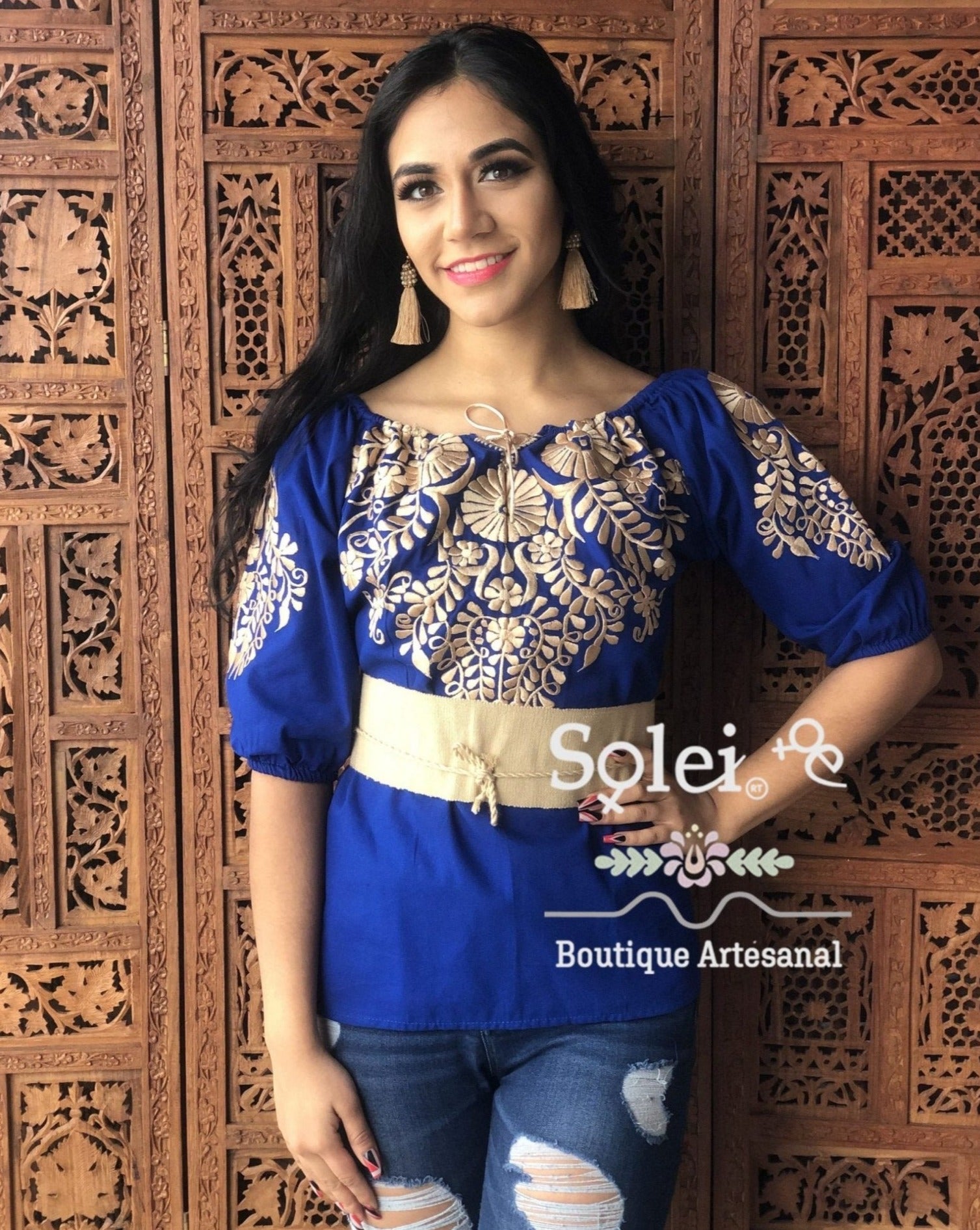 Andrea Gold Blouse 3/4 sleeve smocked off-the-shoulder blouse, casual and formal blouse, gold color embroidery - Solei Store