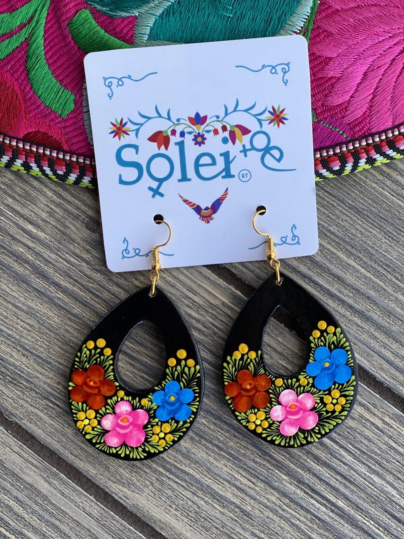 Arracada Gota Hand Painted Artisanal Sunflowers Earrings. - Solei Store