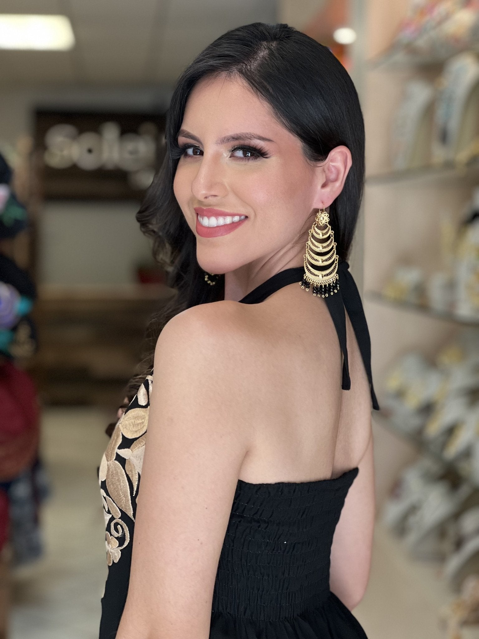 Artisanal Embroidered Mexican Dress. Black & Gold Mexican Halter Dress. Valeria Dress Black & Gold. - Solei Store