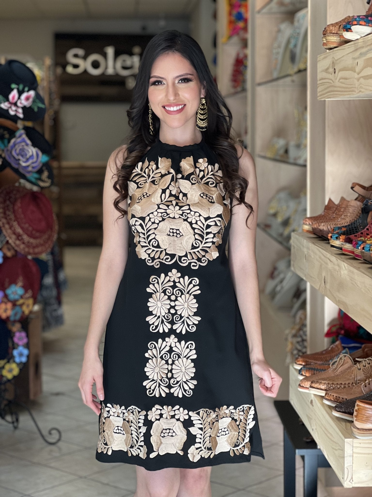 Artisanal Embroidered Mexican Dress. Black & Gold Mexican Halter Dress. Valeria Dress Black & Gold. - Solei Store