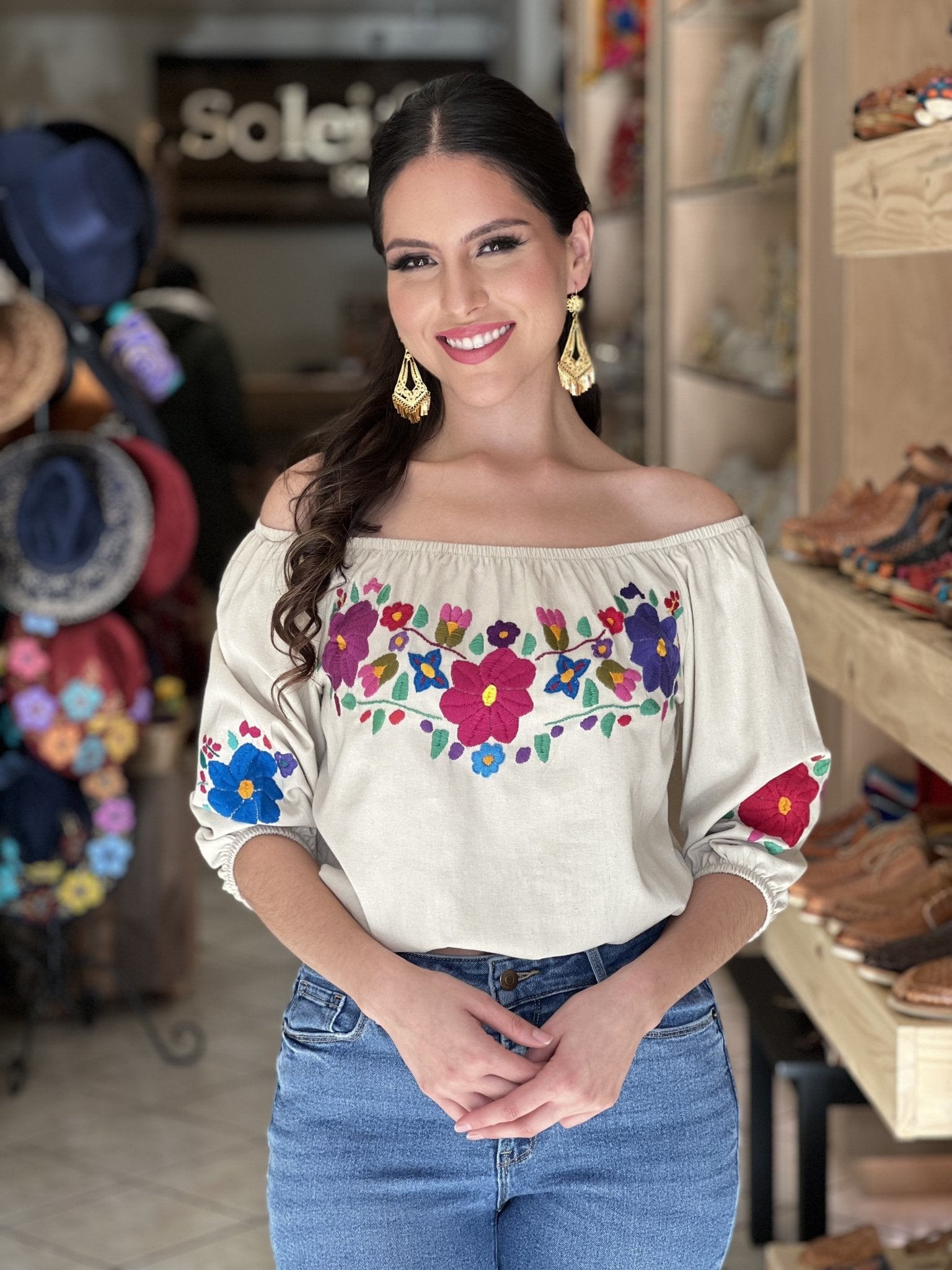 Artisanal Hand Embroidered Crop Top. Mexican 3/4 Sleeve Crop Top. Mexican Floral Top. Lorena Crop Top - Solei Store