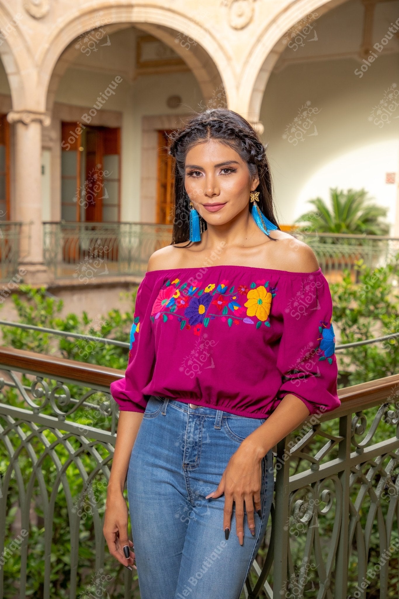 Artisanal Hand Embroidered Crop Top. Mexican 3/4 Sleeve Crop Top. Mexican Floral Top. Lorena Crop Top - Solei Store